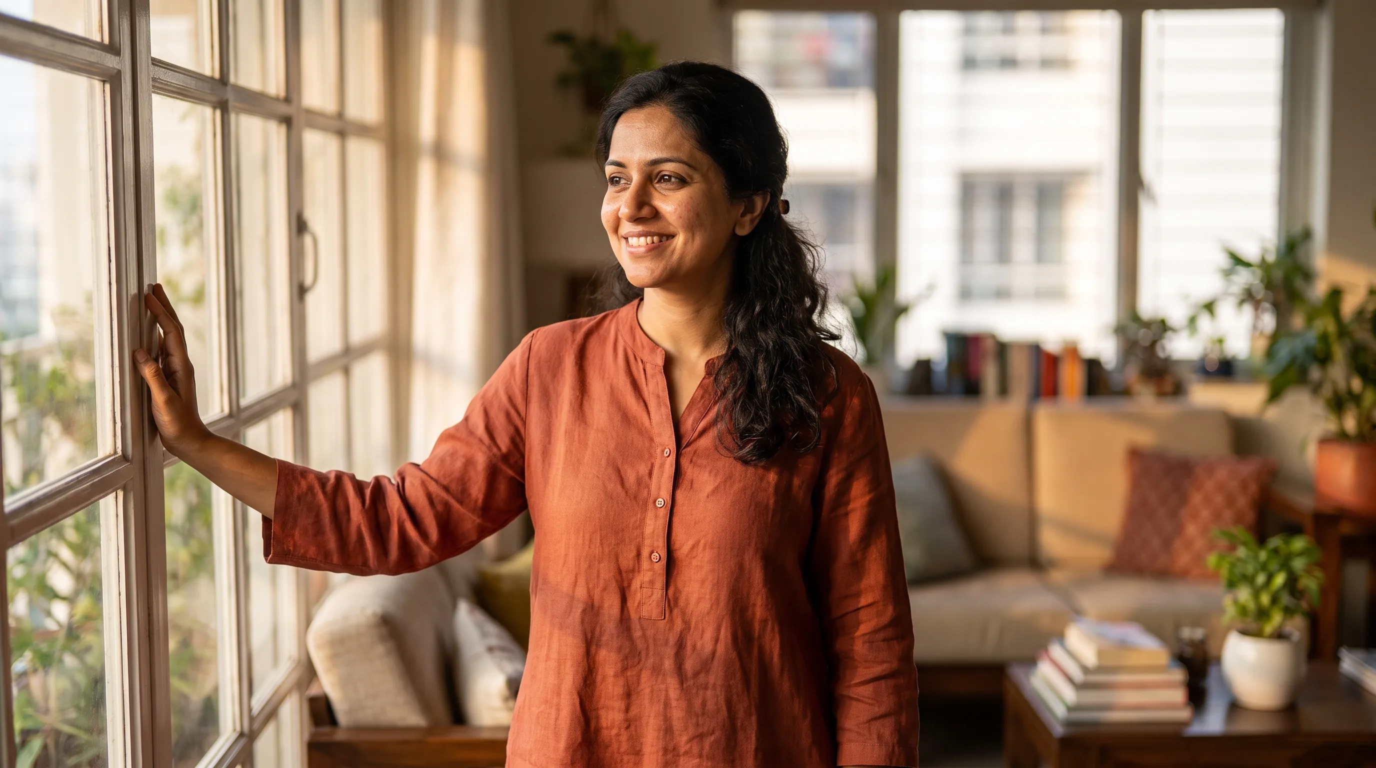 A confident, healthy woman in her late thirties standing at ease by a sunlit window at home, warm and self-assured, fully clothed, no products in frame