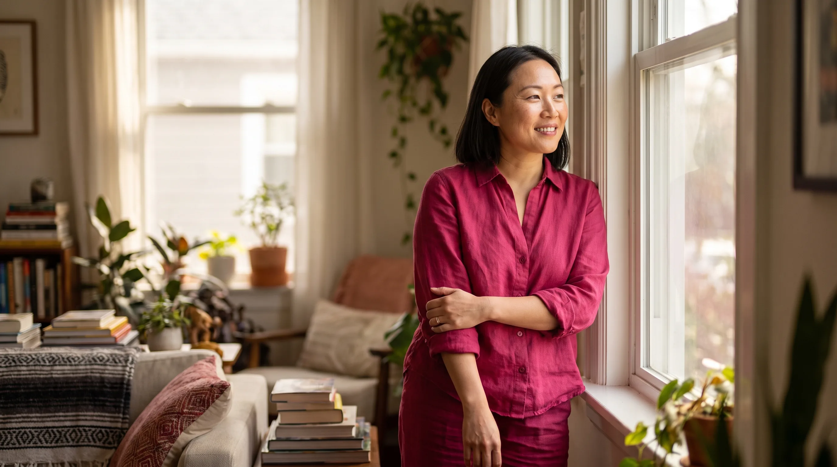 A confident, healthy woman in her late thirties standing at ease by a sunlit window at home, warm and self-assured, fully clothed, no products in frame