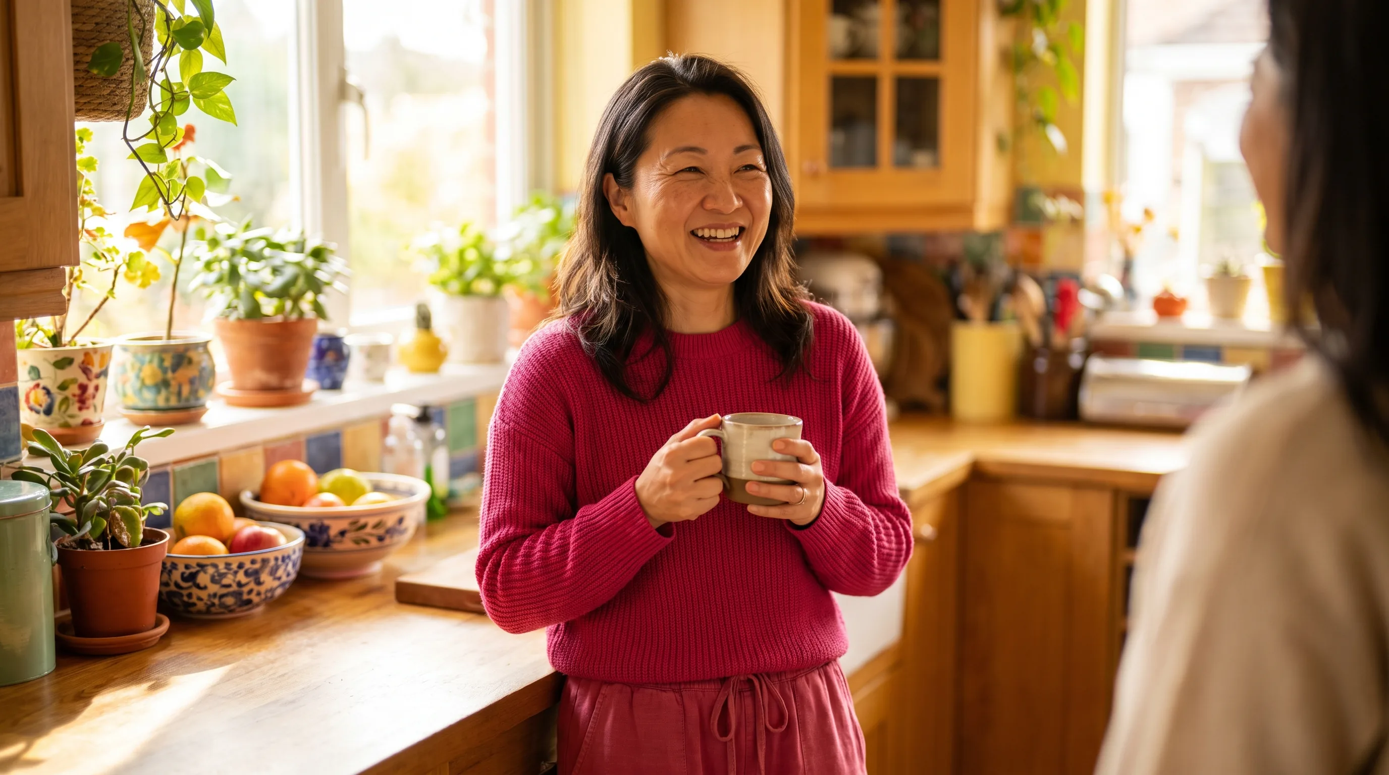 A cheerful, healthy woman in a bright kitchen holding a coffee mug, smiling in warm morning light, the kind of person comparing weight-care providers