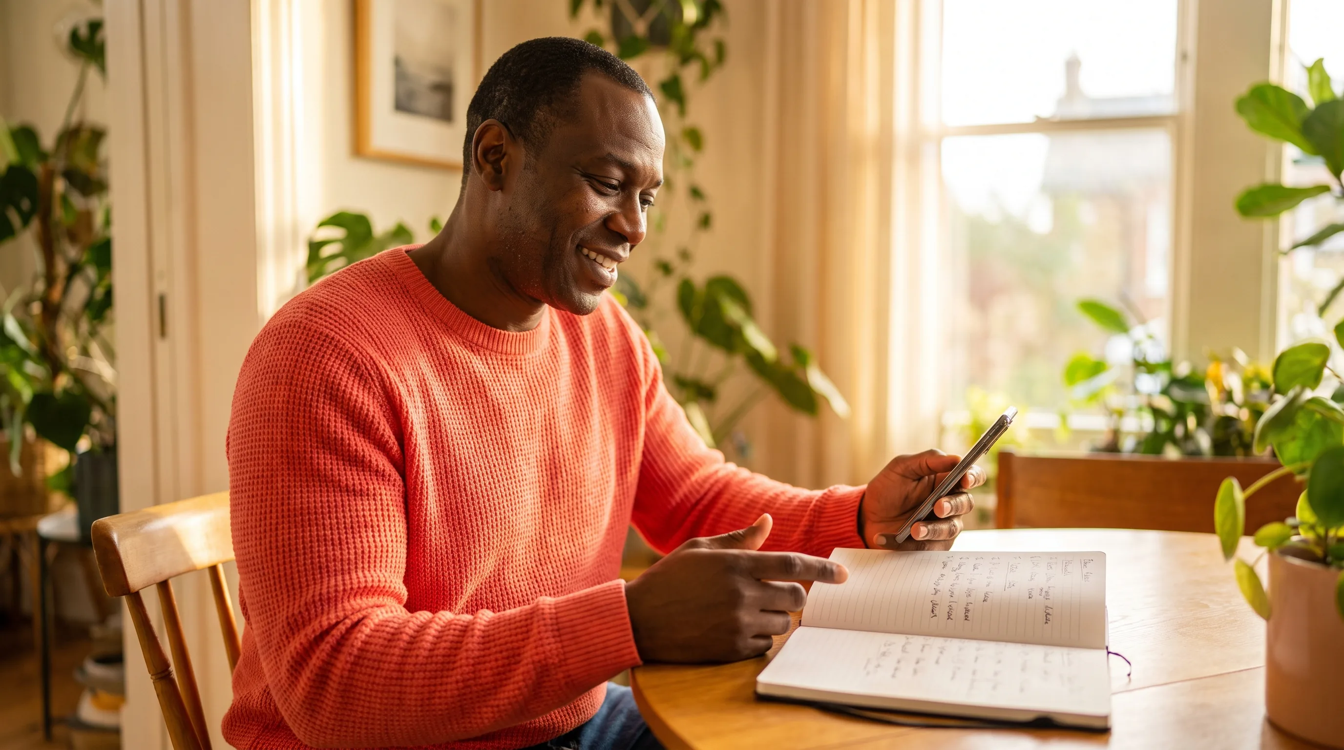 A warm, happy, colorful photo of a healthy adult in bright morning light smiling as they weigh two options on a phone and notepad