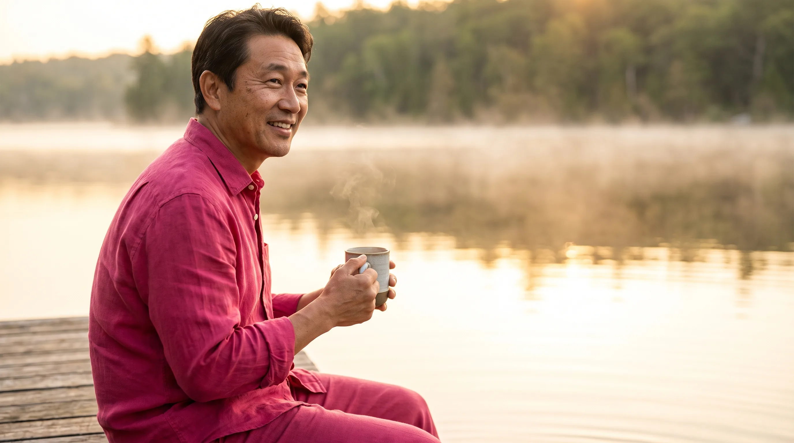 A relaxed, healthy adult on a quiet morning walk through a green park, unhurried and content