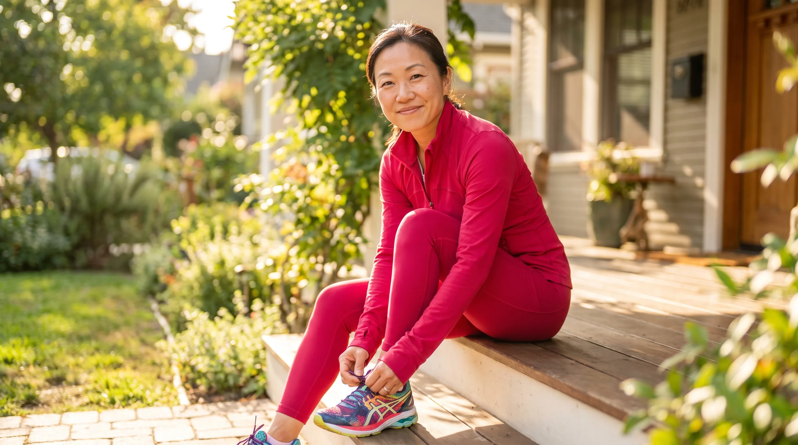 A woman in her 40s in athletic wear laces her shoes on a sunlit porch before a brisk morning walk, calm and energized