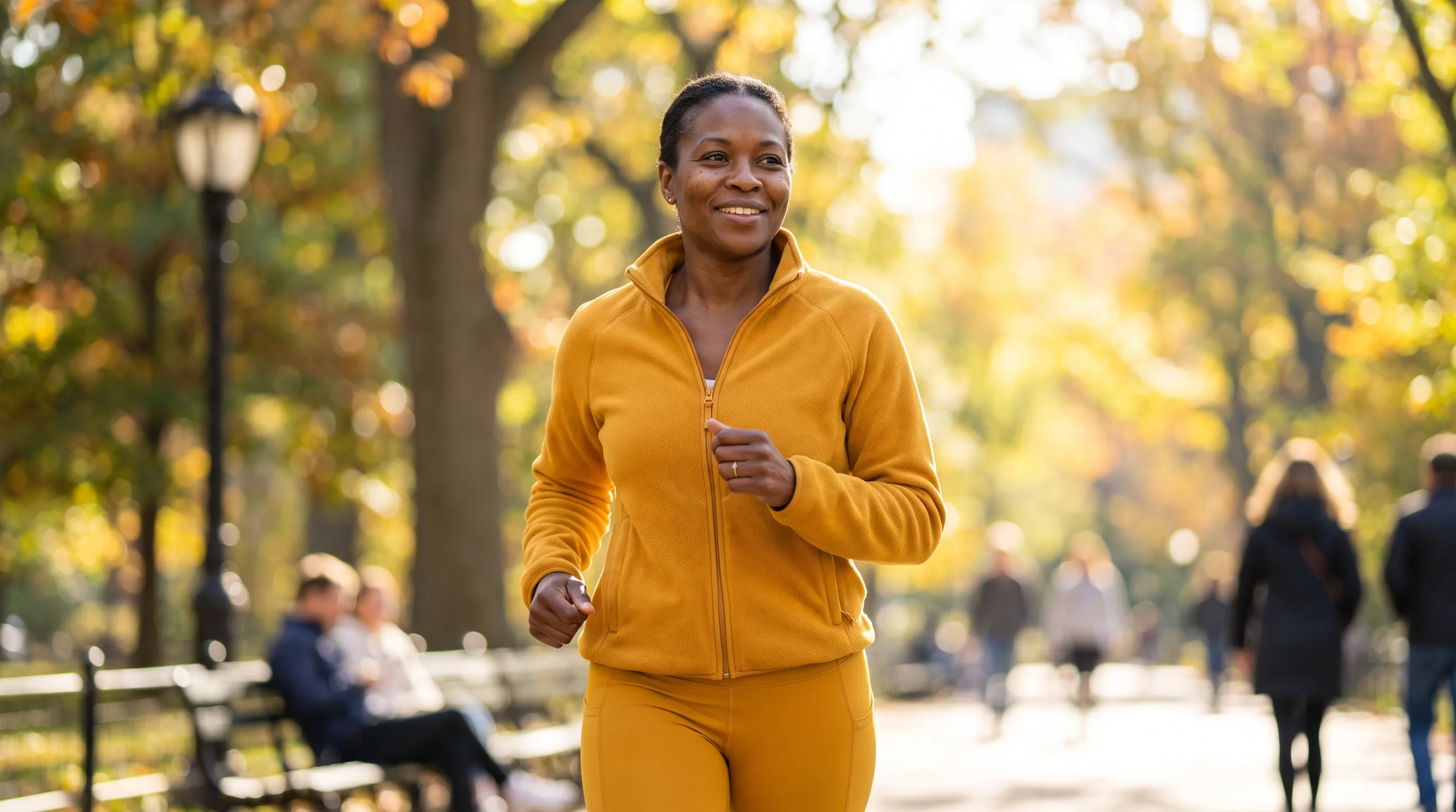 A woman in her forties on a brisk morning walk through a sunlit park, relaxed and energized in workout clothes.