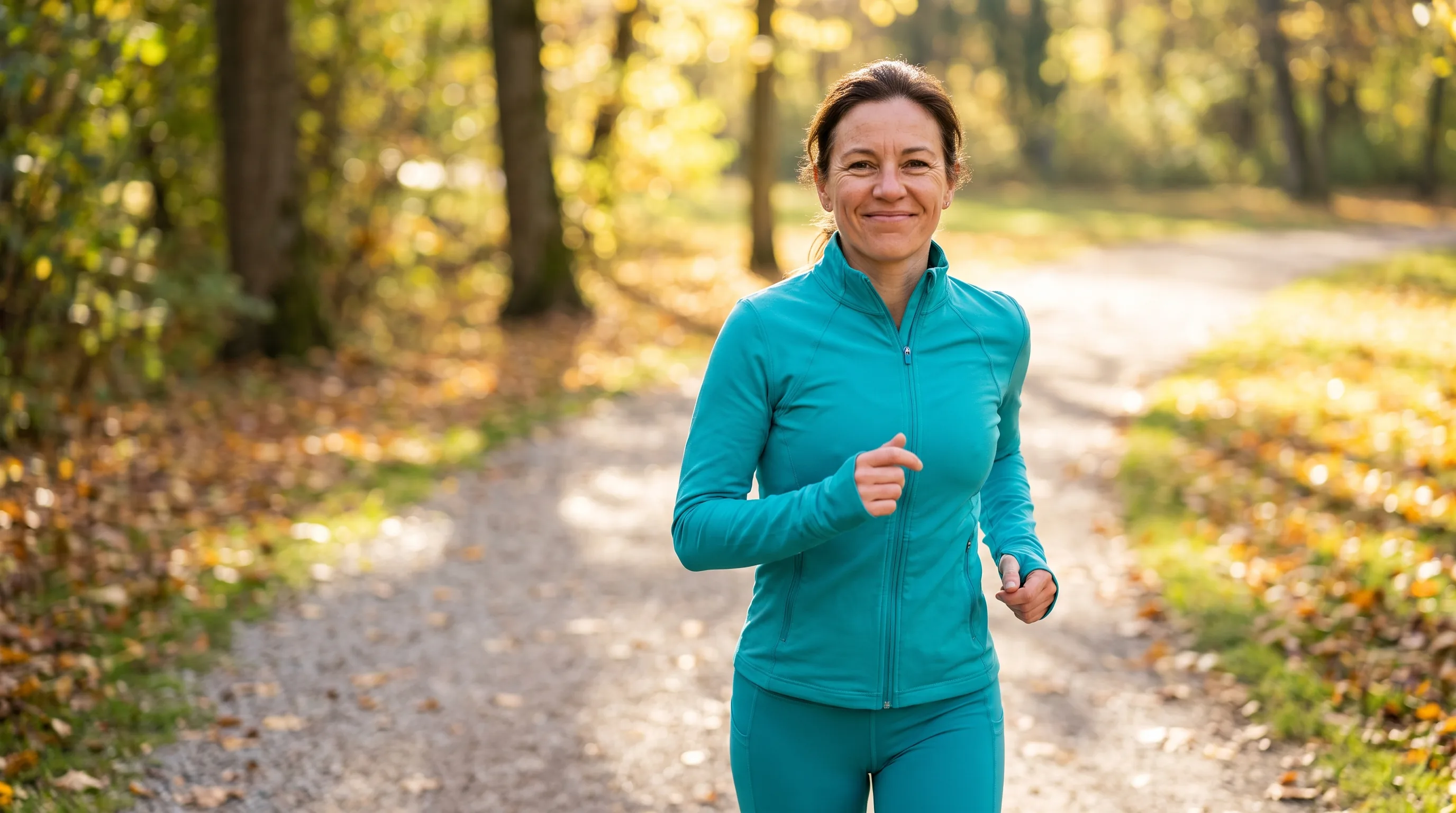 A woman in her forties on a brisk morning walk through a sunlit park, relaxed and energized in workout clothes.
