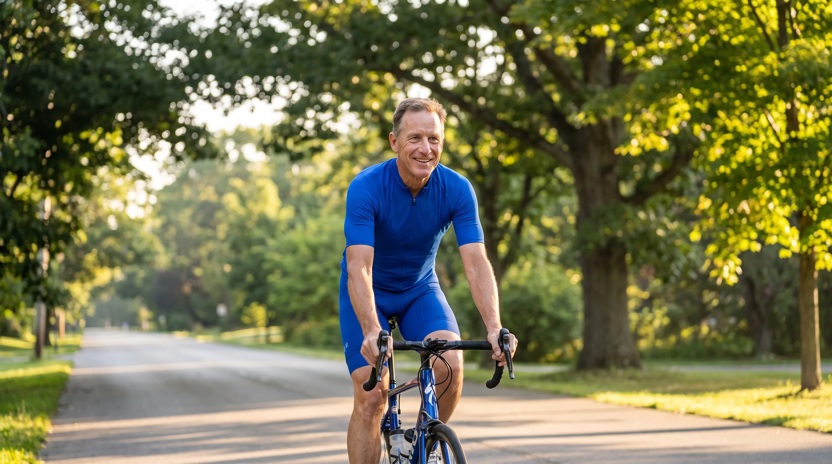 A man cycling on a quiet tree-lined road in morning light, fit and active