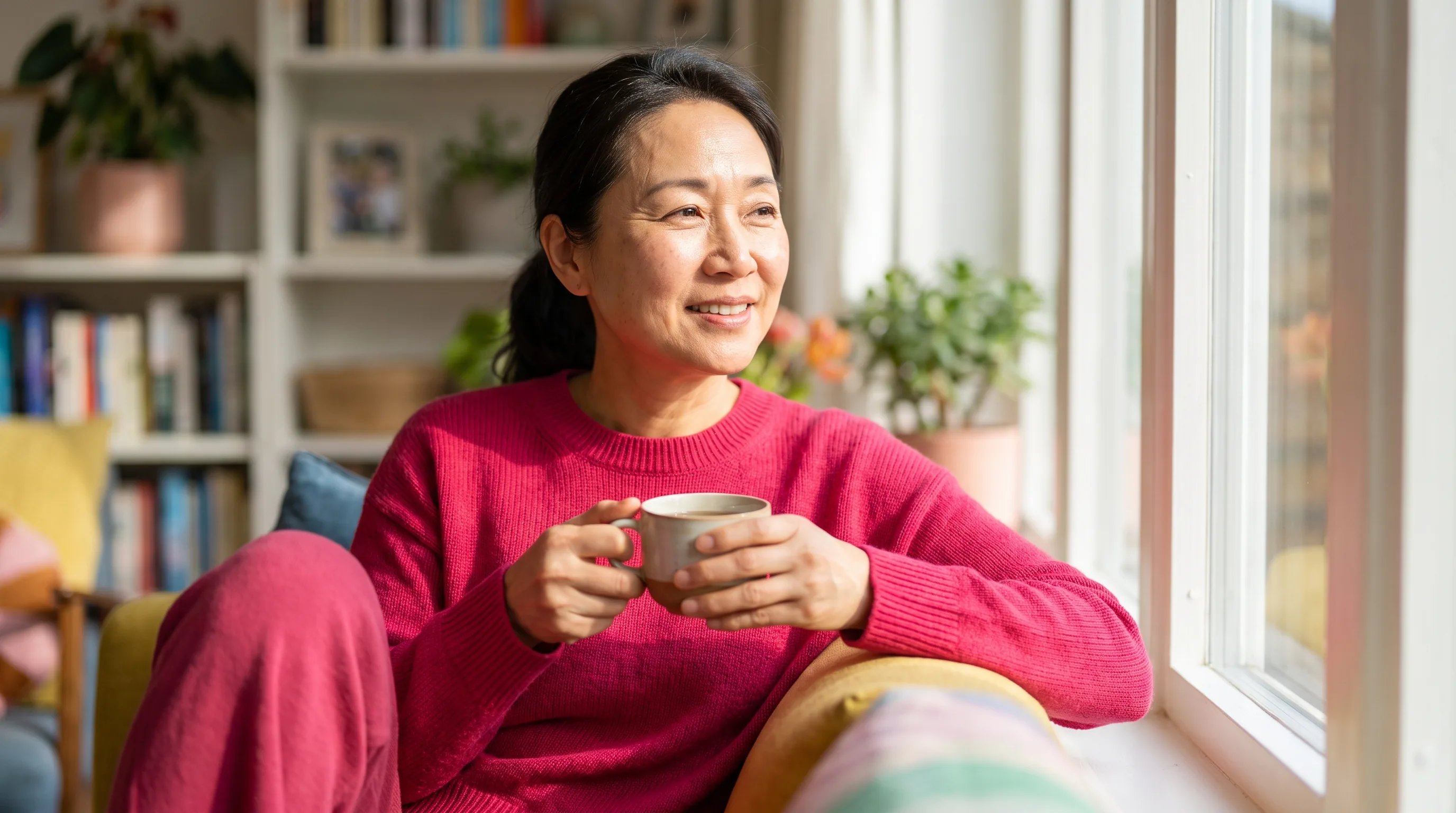 A hopeful woman in her early fifties sits by a sunlit window with a warm cup of tea, calm and steady in a supported moment of recovery, not clinical and not in crisis