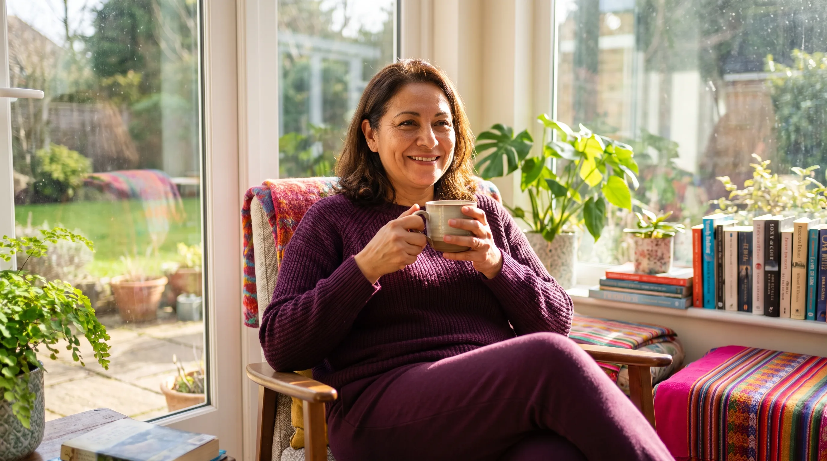 A hopeful woman in her early fifties sits by a sunlit window with a warm cup of tea, calm and steady in a supported moment of recovery, not clinical and not in crisis
