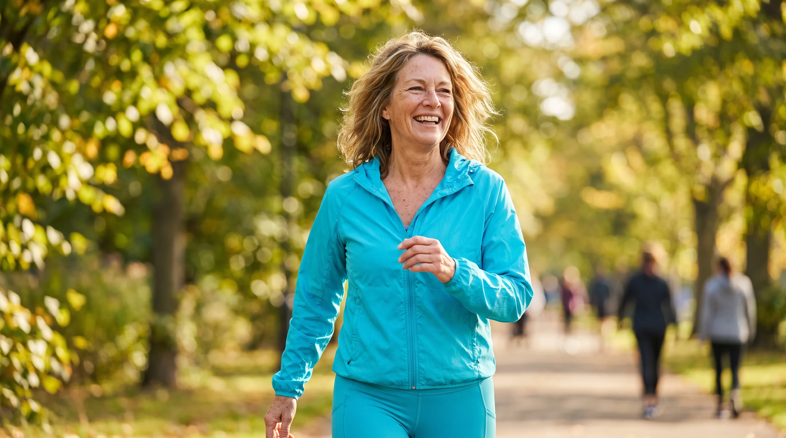 A vital woman in her late fifties smiling on a bright morning walk outdoors, moving with easy, unforced energy.