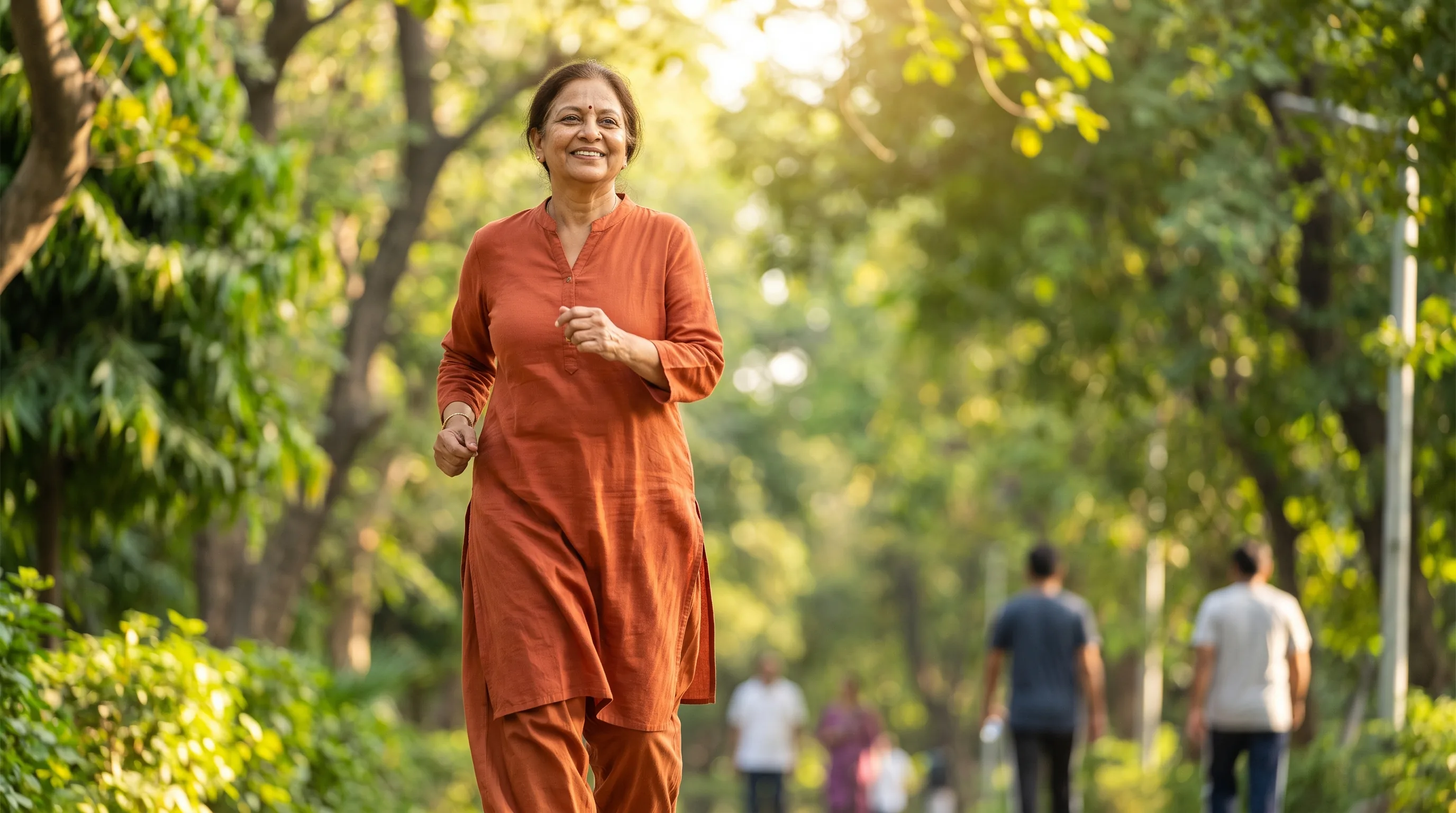 A vital woman in her late fifties smiling on a bright morning walk outdoors, moving with easy, unforced energy.