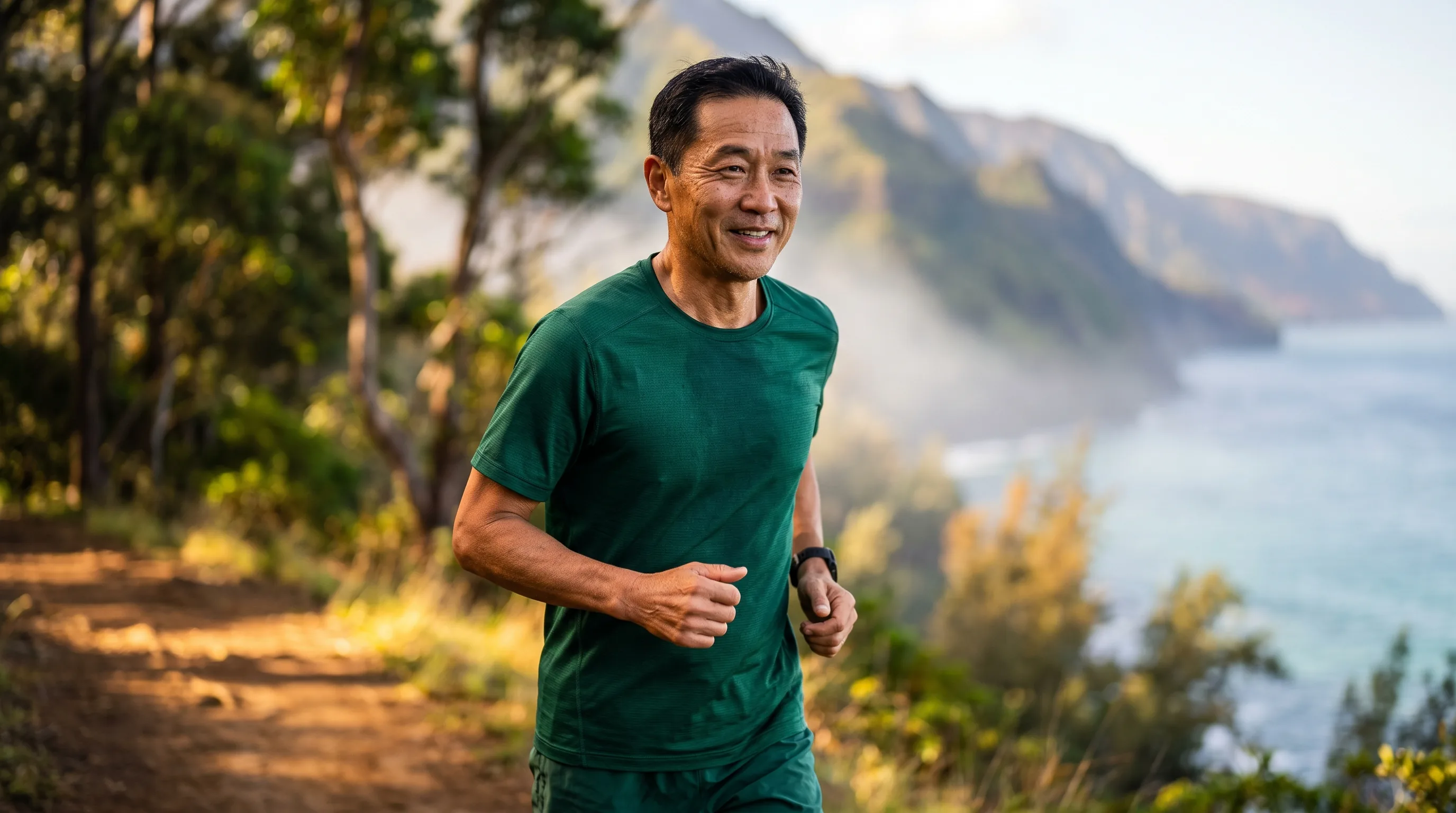 A man jogging along a scenic trail in morning light, fit and vital