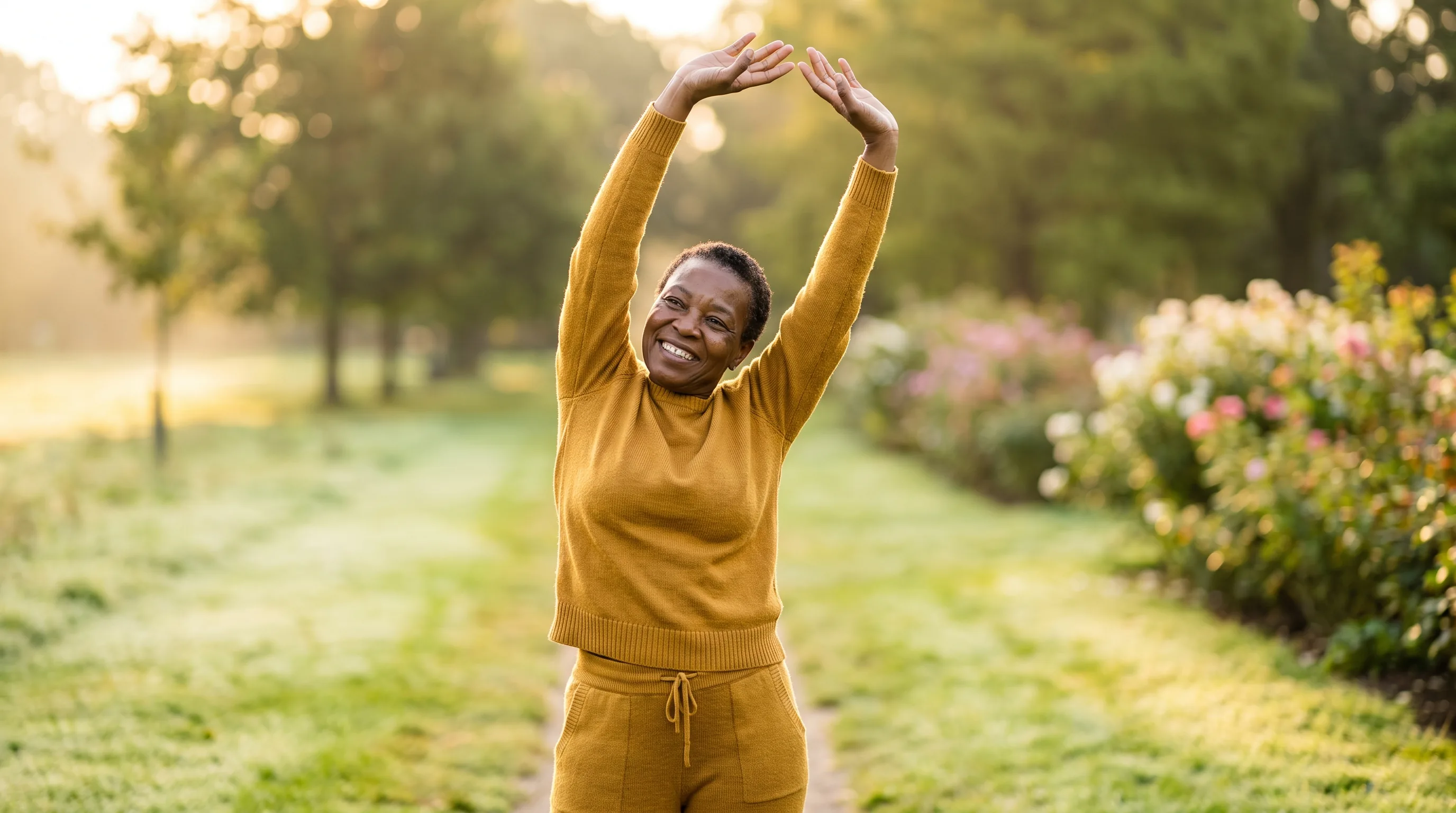 A woman stretching outdoors in the morning, energized and vital