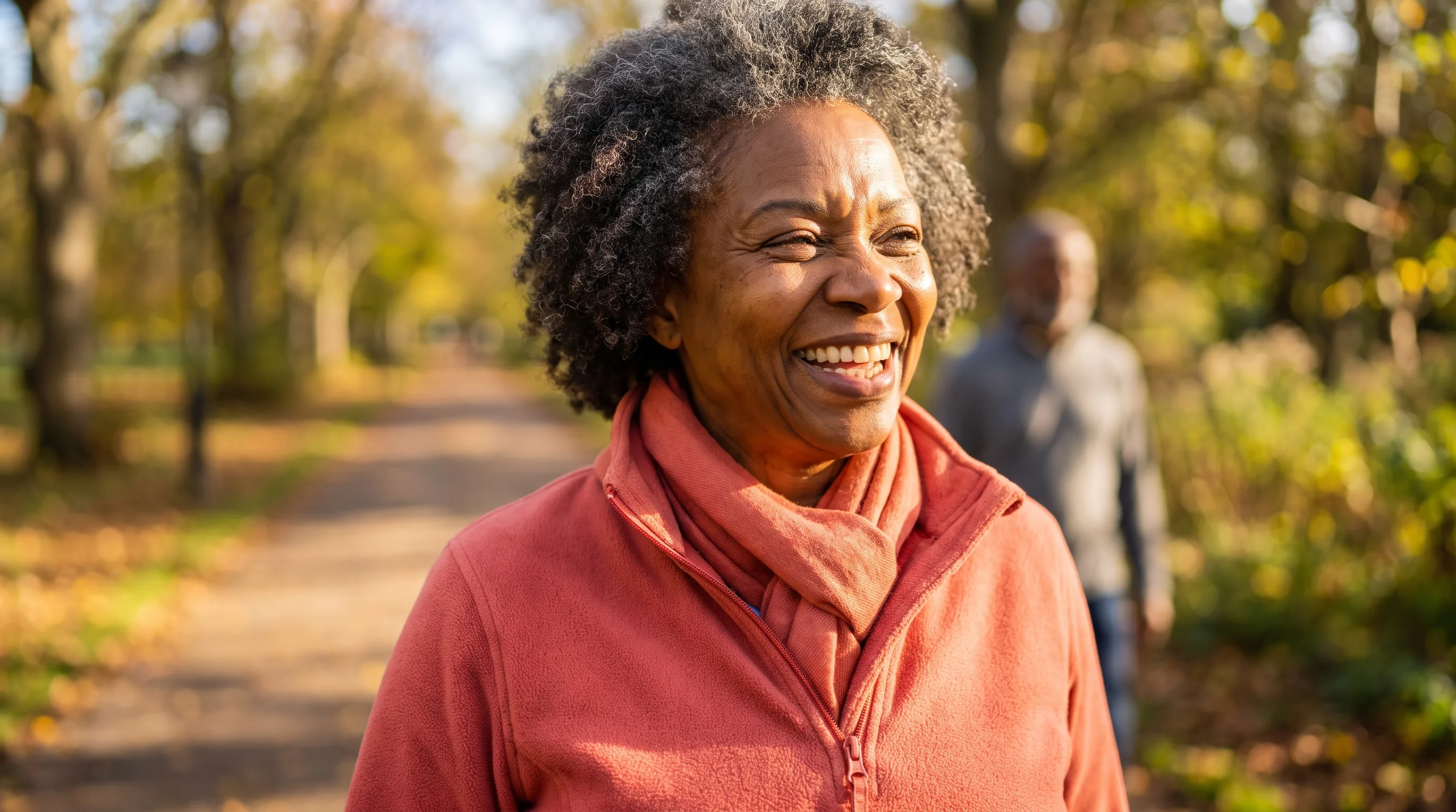 A vital woman in her late 50s laughing on a bright morning walk outdoors, energized and healthy, warm natural light