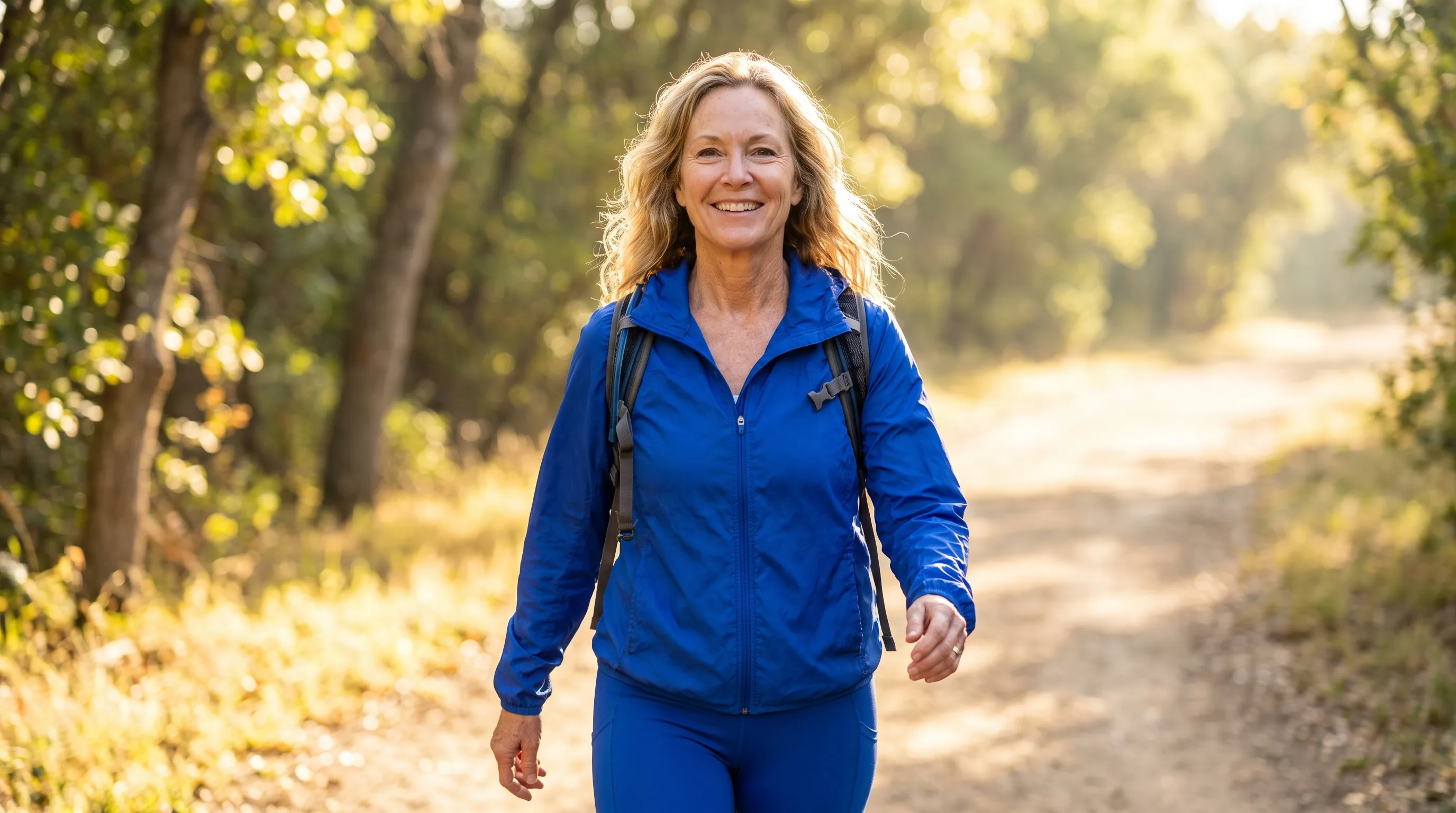 A vital, active woman in her late 50s walking briskly on a sunlit morning trail, smiling and full of energy, healthy and clear-skinned