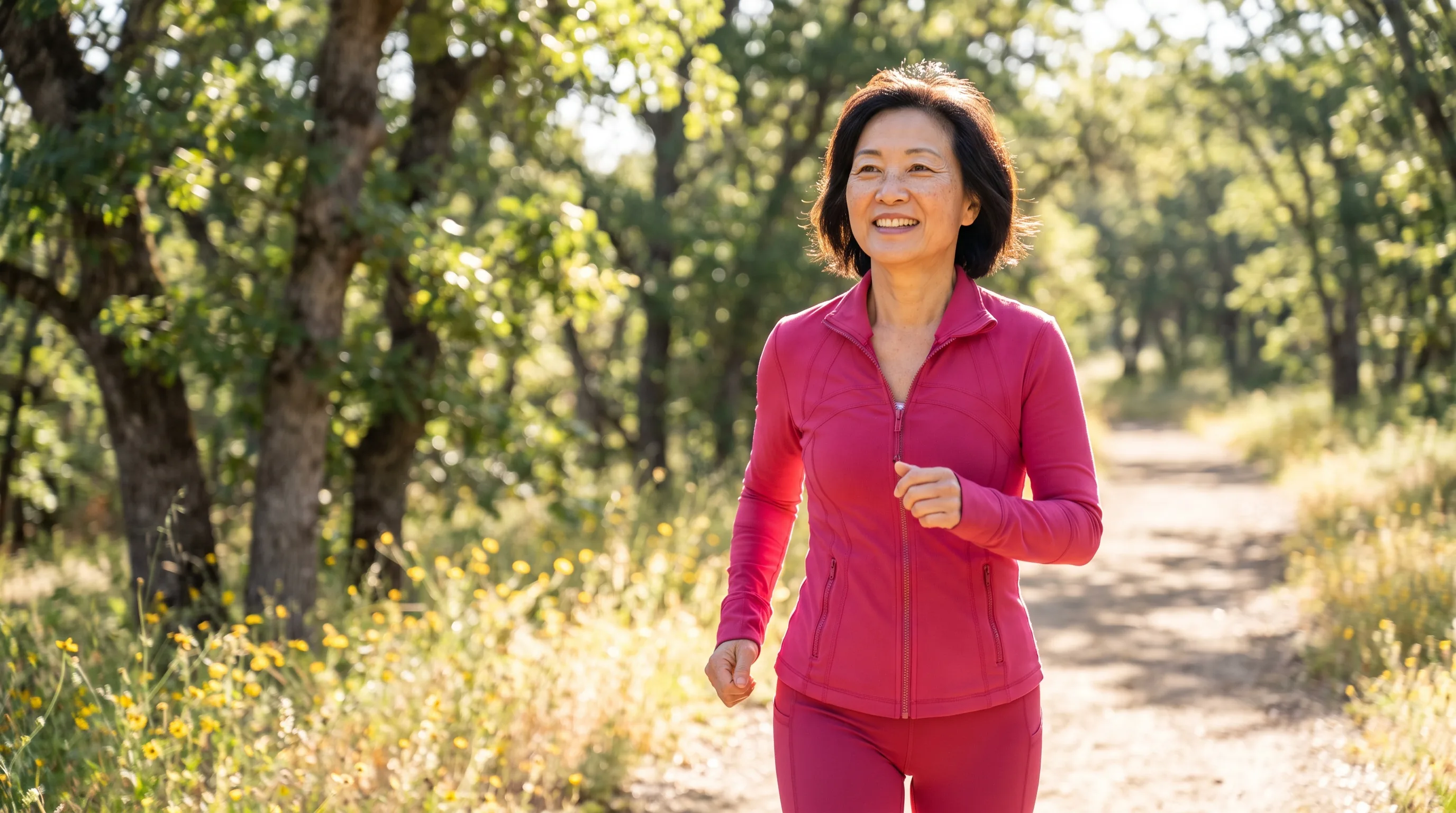 A vital woman in her late fifties walking briskly on a sunlit morning trail, energized and healthy, breathing easy in fresh air.