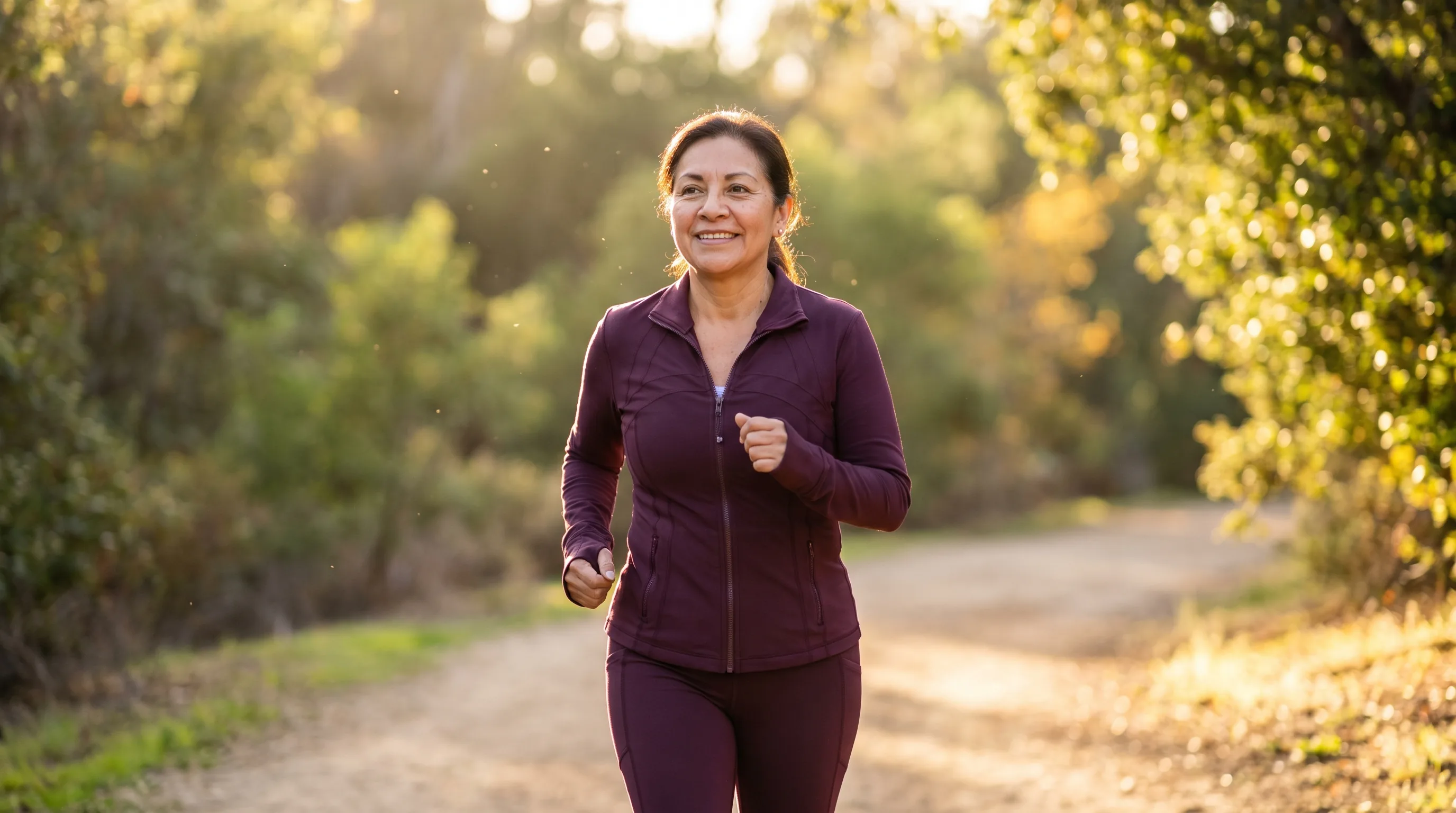 A vital woman in her late fifties walking briskly on a sunlit morning trail, energized and healthy, breathing easy in fresh air.