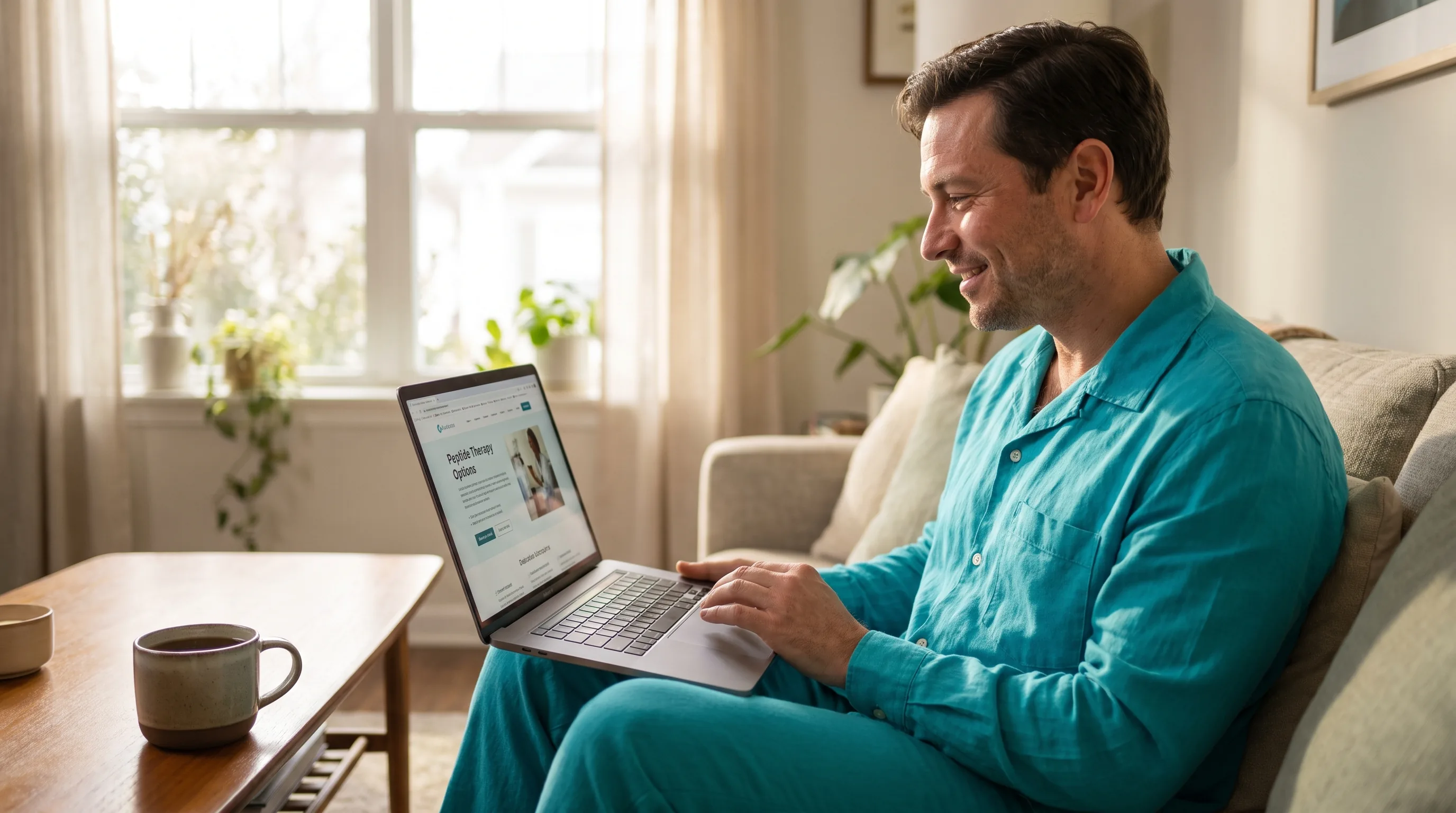 A relaxed, healthy adult at home in soft morning light holding a pru compounded peptide, content and unhurried