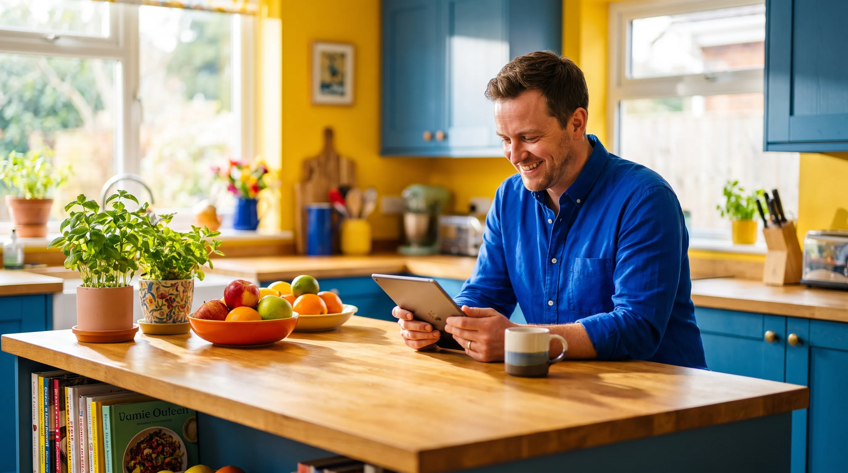 A warm, colorful photo of a happy, healthy adult in a bright kitchen, the kind of person comparing GLP-1 providers and ready to switch