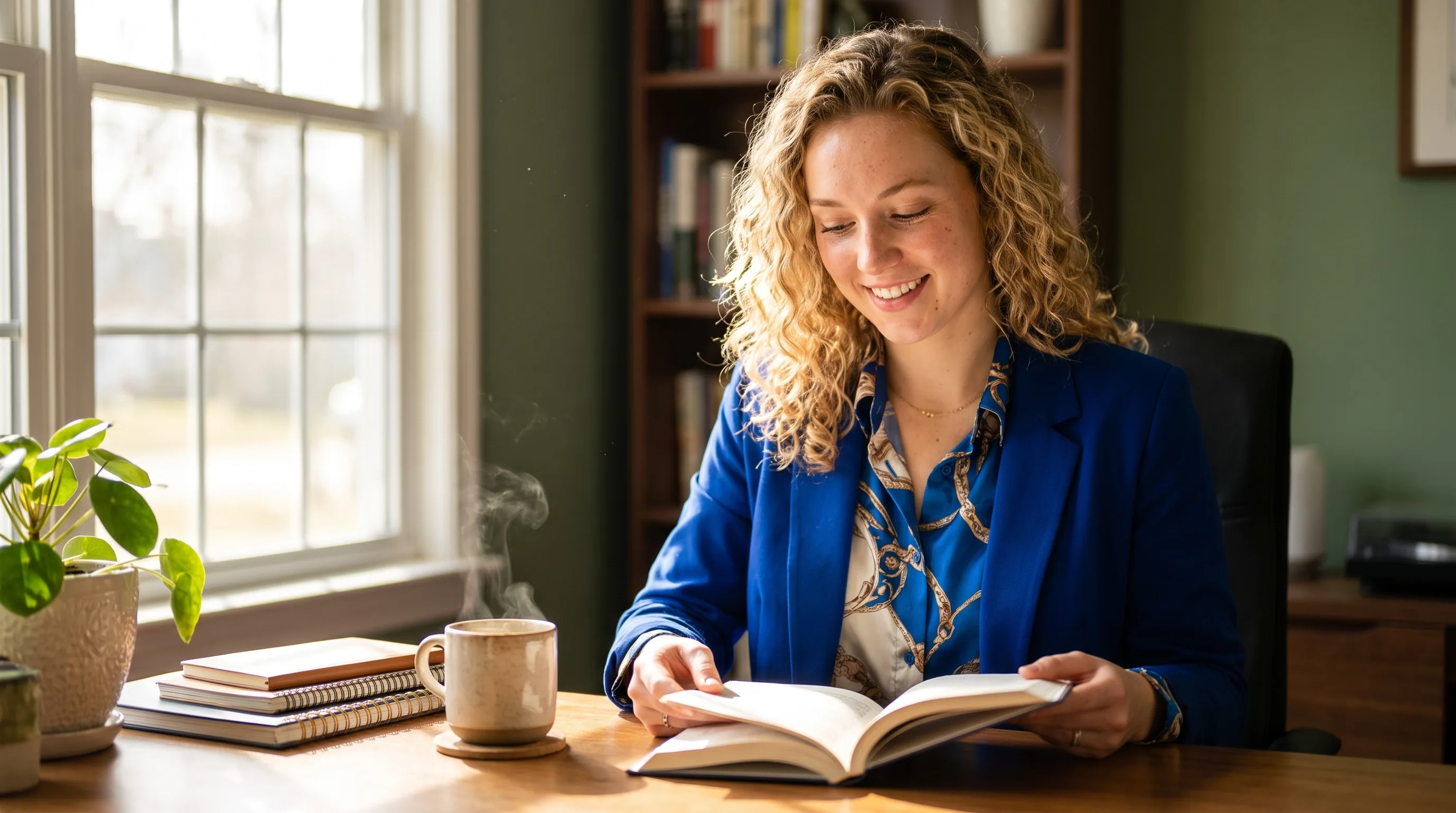A focused young professional reading at a sunlit desk with a clear, calm mind and a coffee nearby