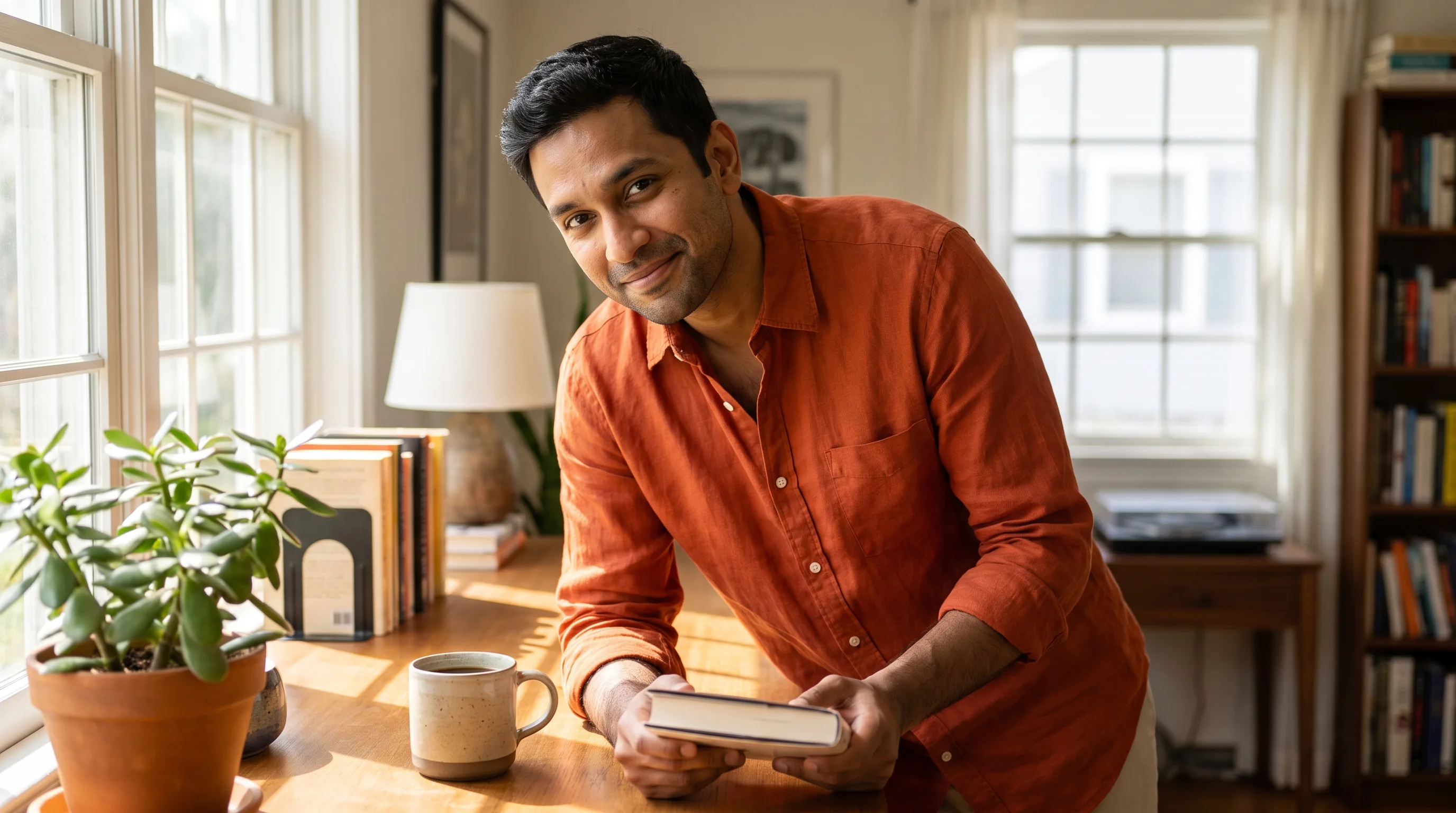 A focused young professional reading at a sunlit desk with a clear, calm mind and a coffee nearby
