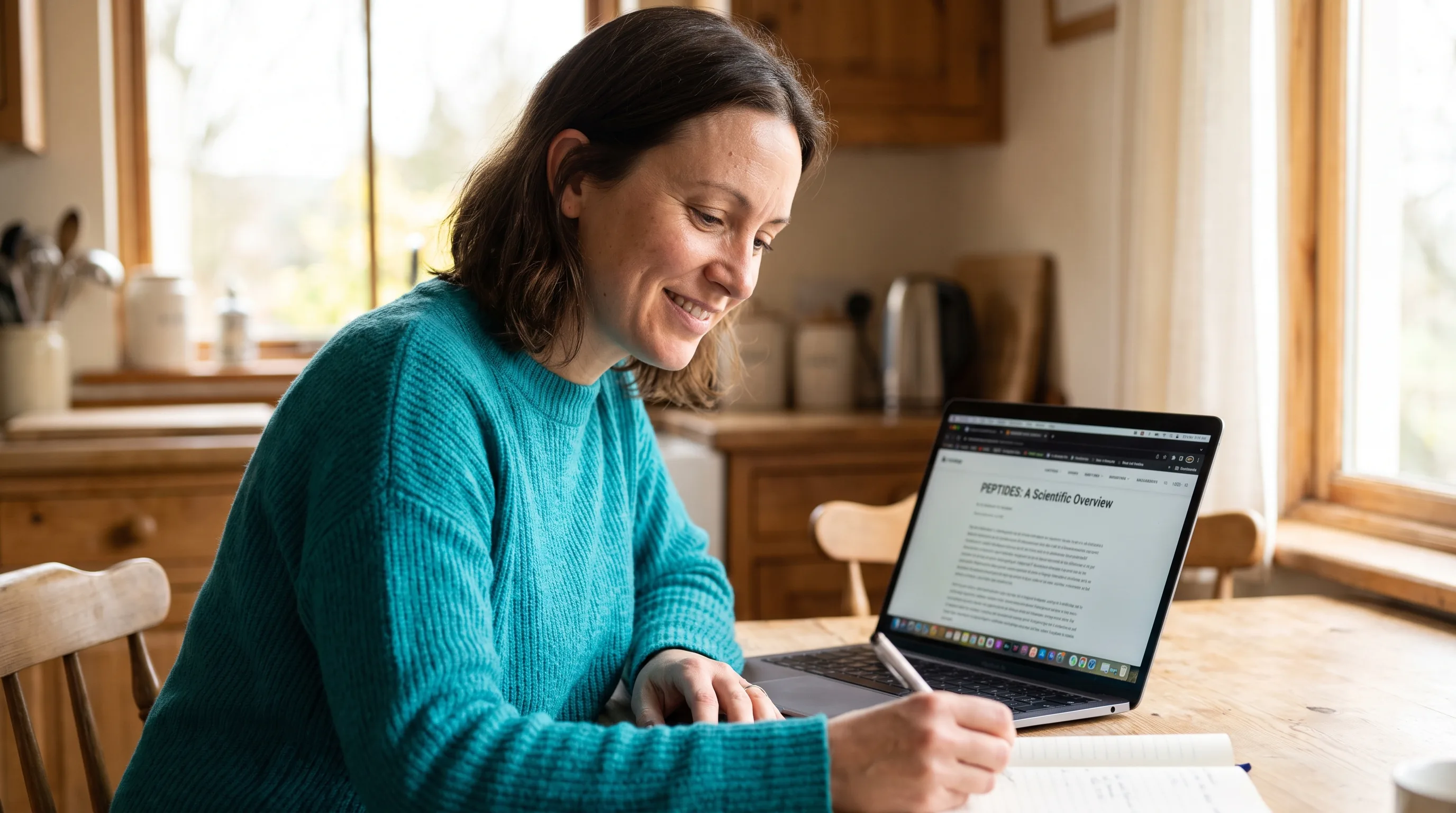 A thoughtful woman in her late 30s at a kitchen table with a laptop and a notebook, reading about peptides in calm morning light