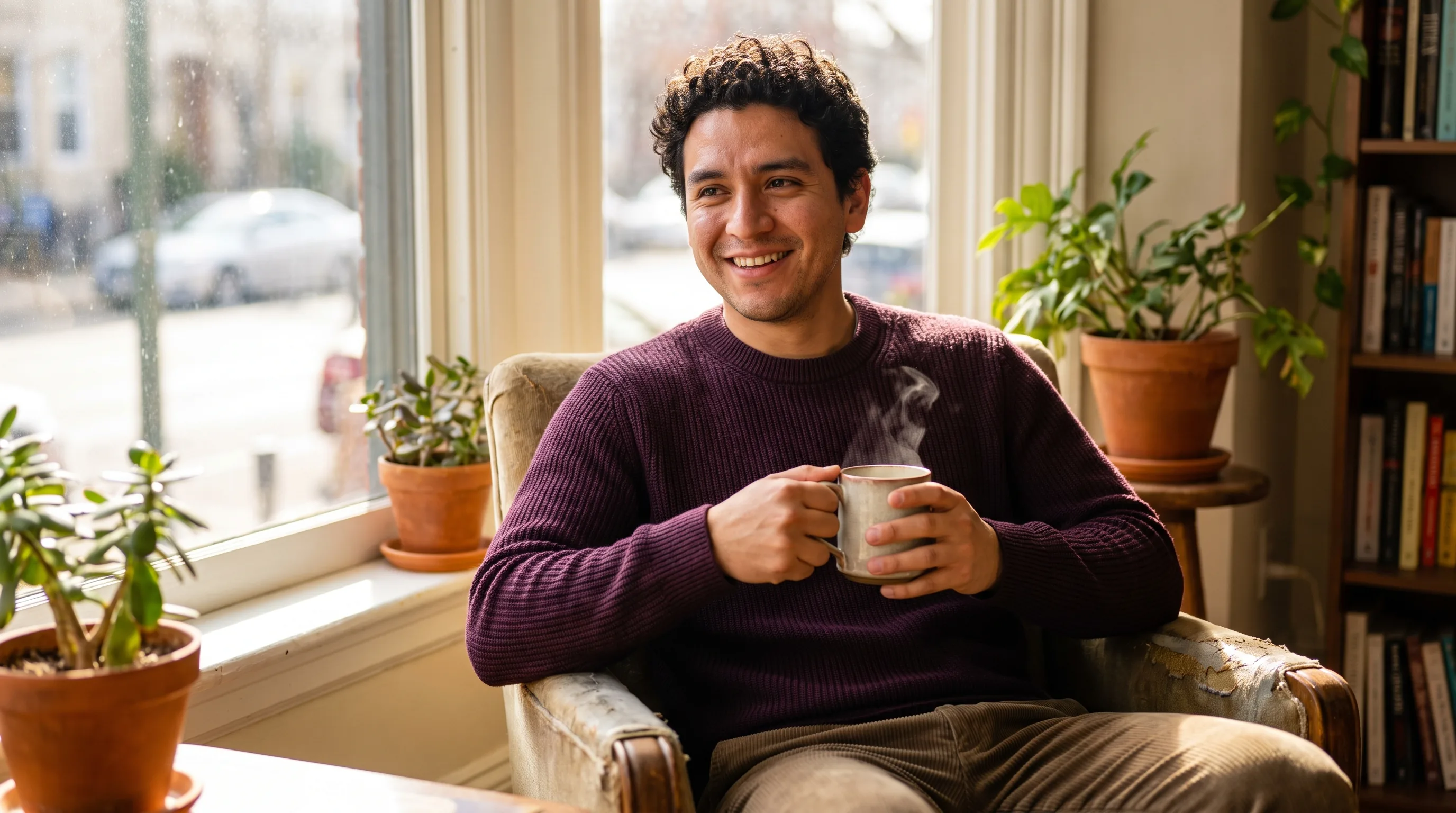 A relaxed person sitting calmly by a sunlit window with a warm drink, shoulders loose and at ease