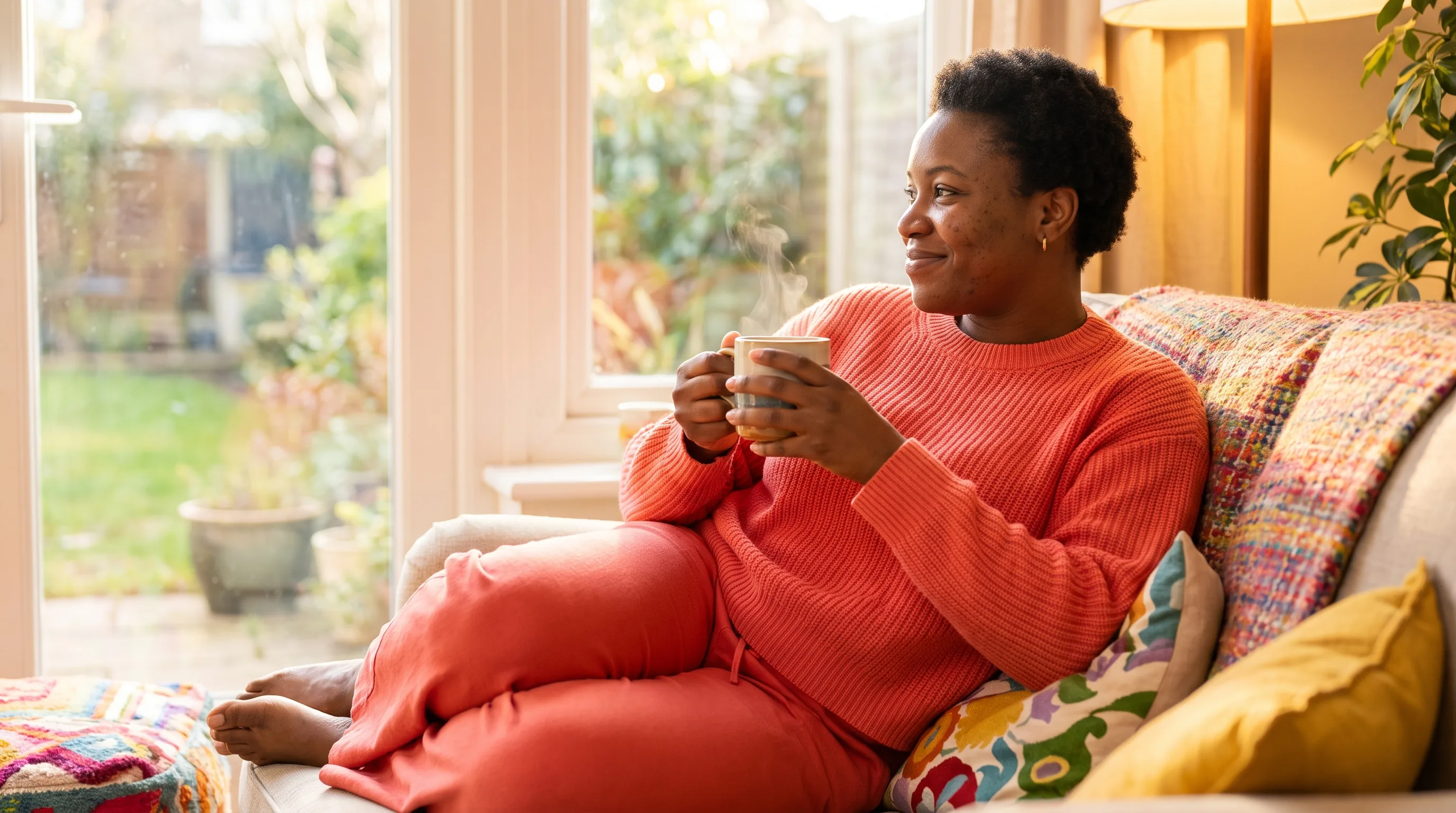 A calm woman resting by a bright window with a warm drink, relaxed and unhurried