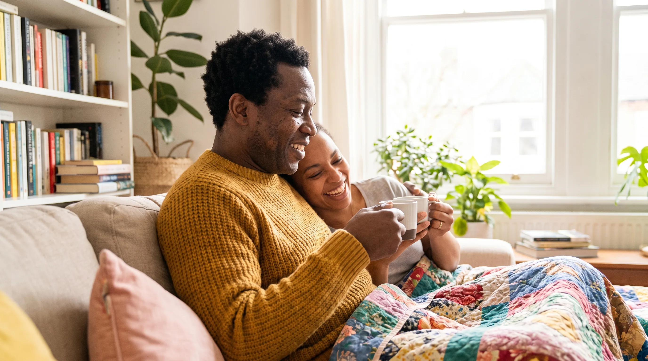 A relaxed couple sharing a warm, unhurried morning together at home, close and at ease