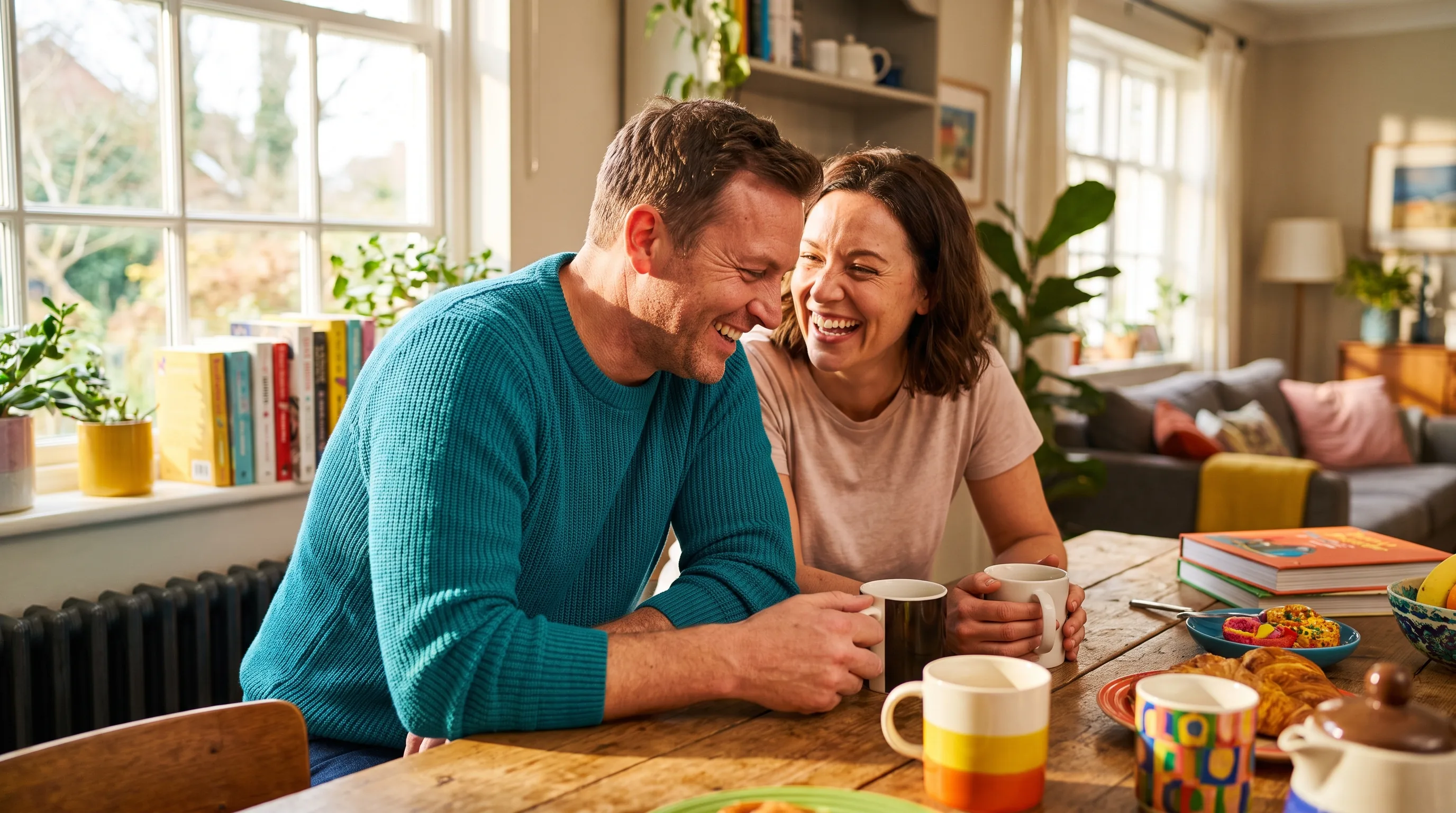A relaxed couple sharing a warm, unhurried morning together at home, close and at ease