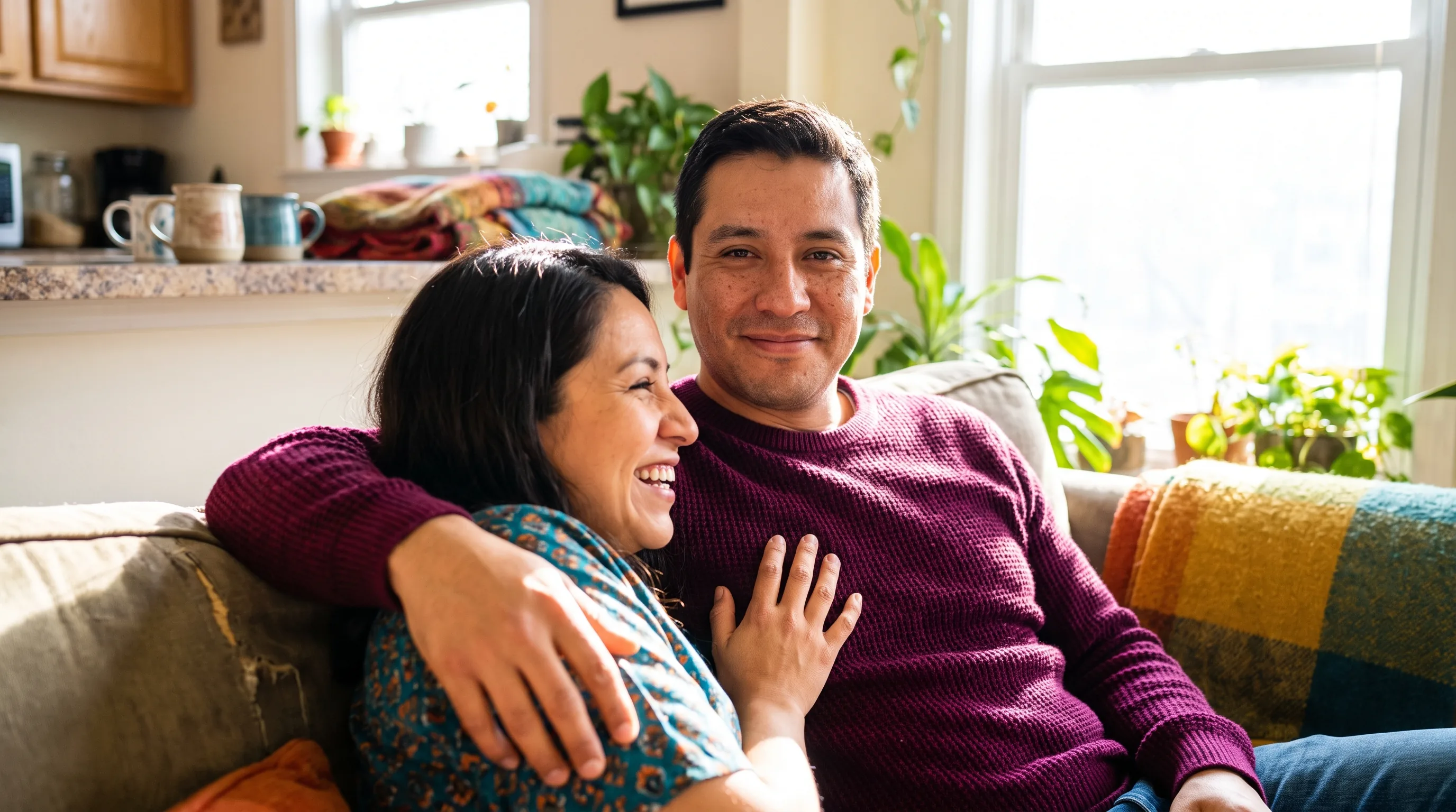 A relaxed, affectionate couple sharing a warm, unhurried morning together at home, close and at ease