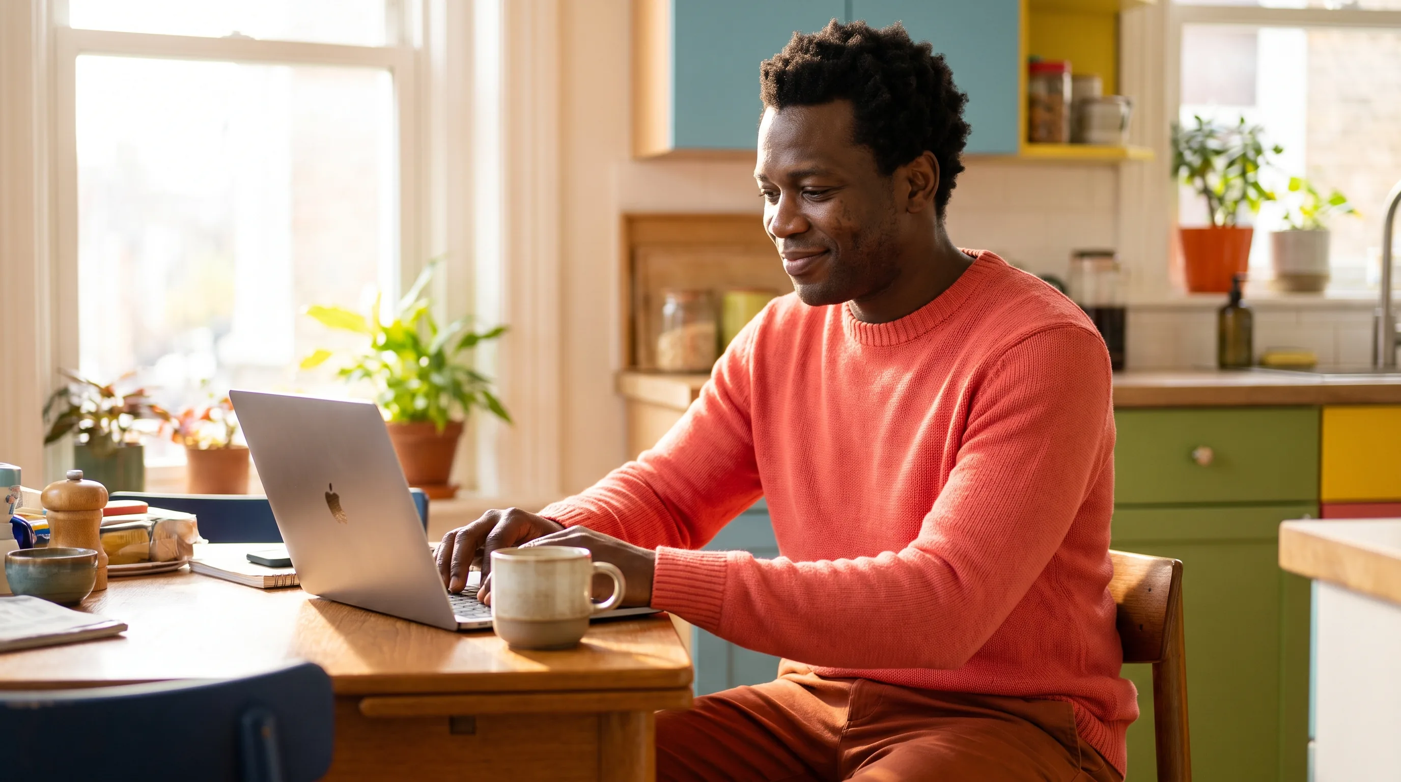 A focused adult sitting at a kitchen table with a laptop and a cup of coffee in morning light, calmly researching a safer path forward after the supplier they relied on went offline