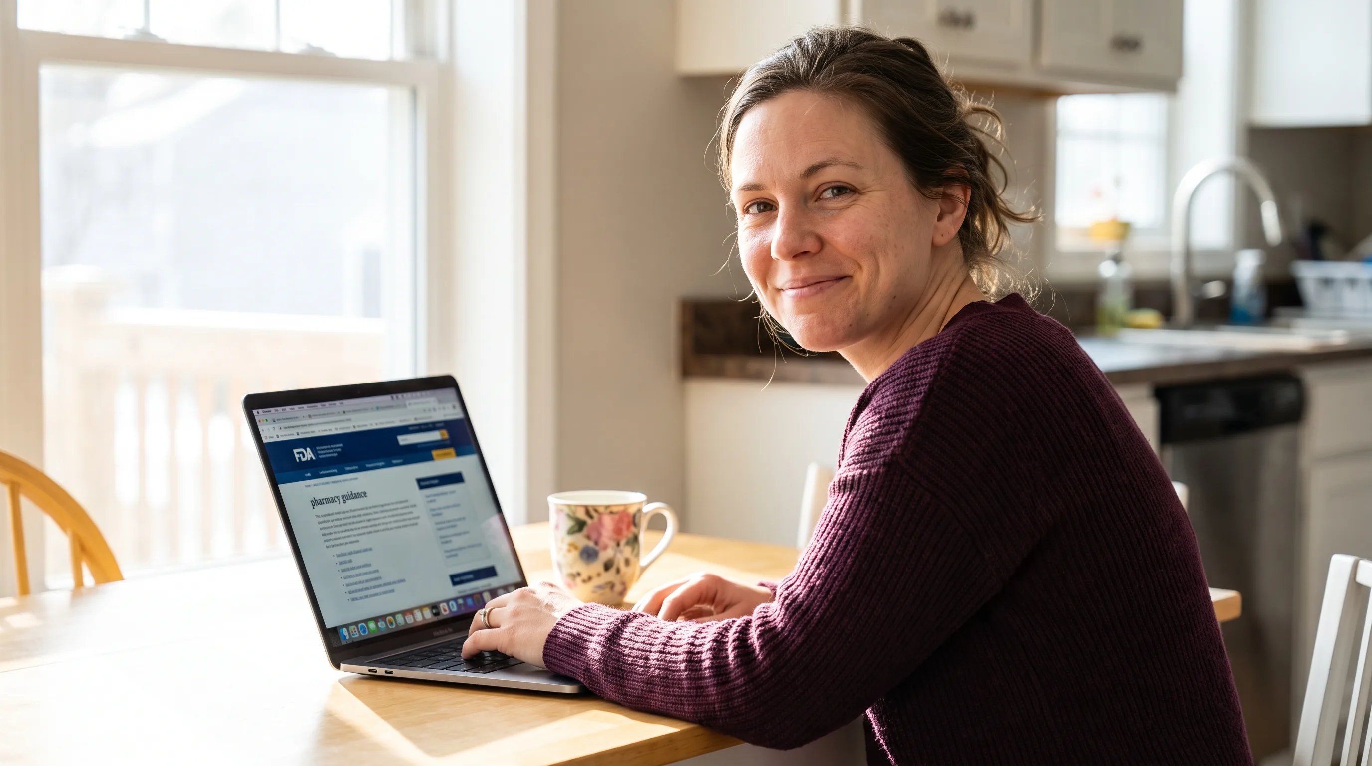 A thoughtful woman in her late thirties reading FDA and pharmacy information on a laptop at a clean kitchen table, calm and focused