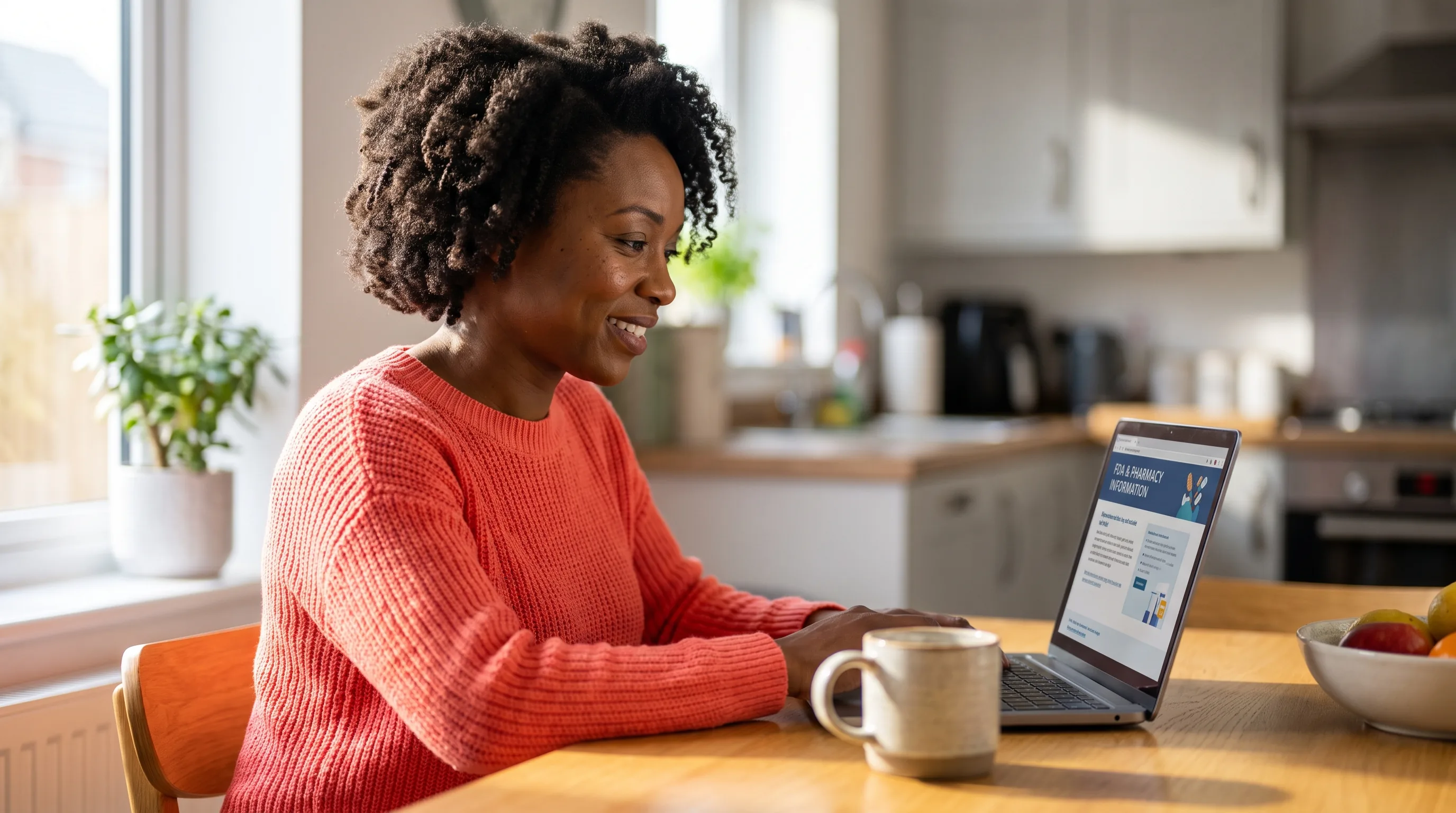 A thoughtful woman in her late thirties reading FDA and pharmacy information on a laptop at a clean kitchen table, calm and focused