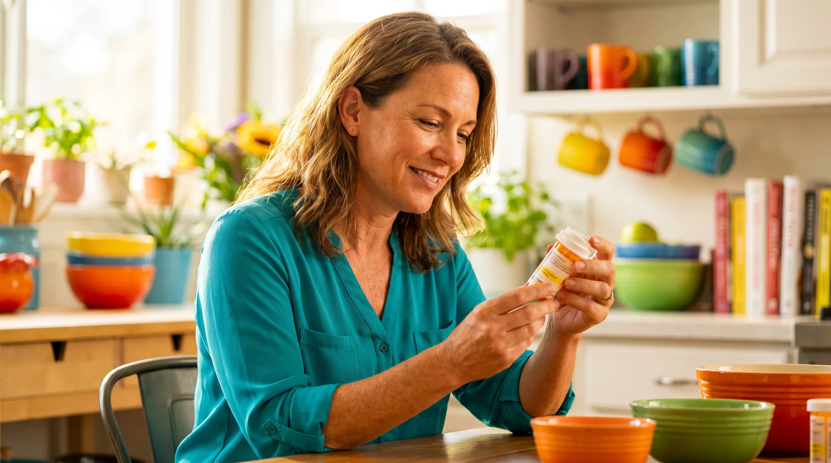 A cheerful woman in her forties smiling in a bright, colorful kitchen as she reads the label on a small medication vial in warm morning light.