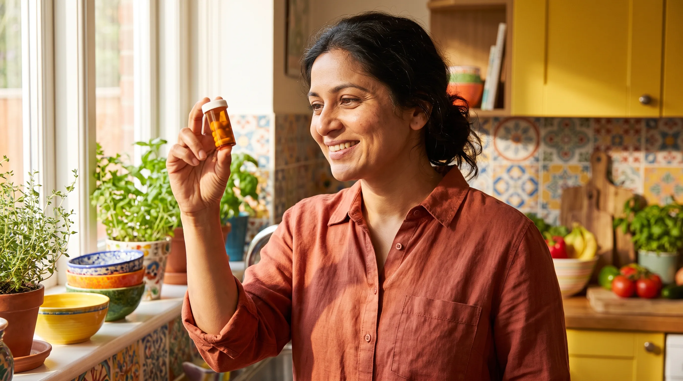 A cheerful woman in her forties smiling in a bright, colorful kitchen as she reads the label on a small medication vial in warm morning light.