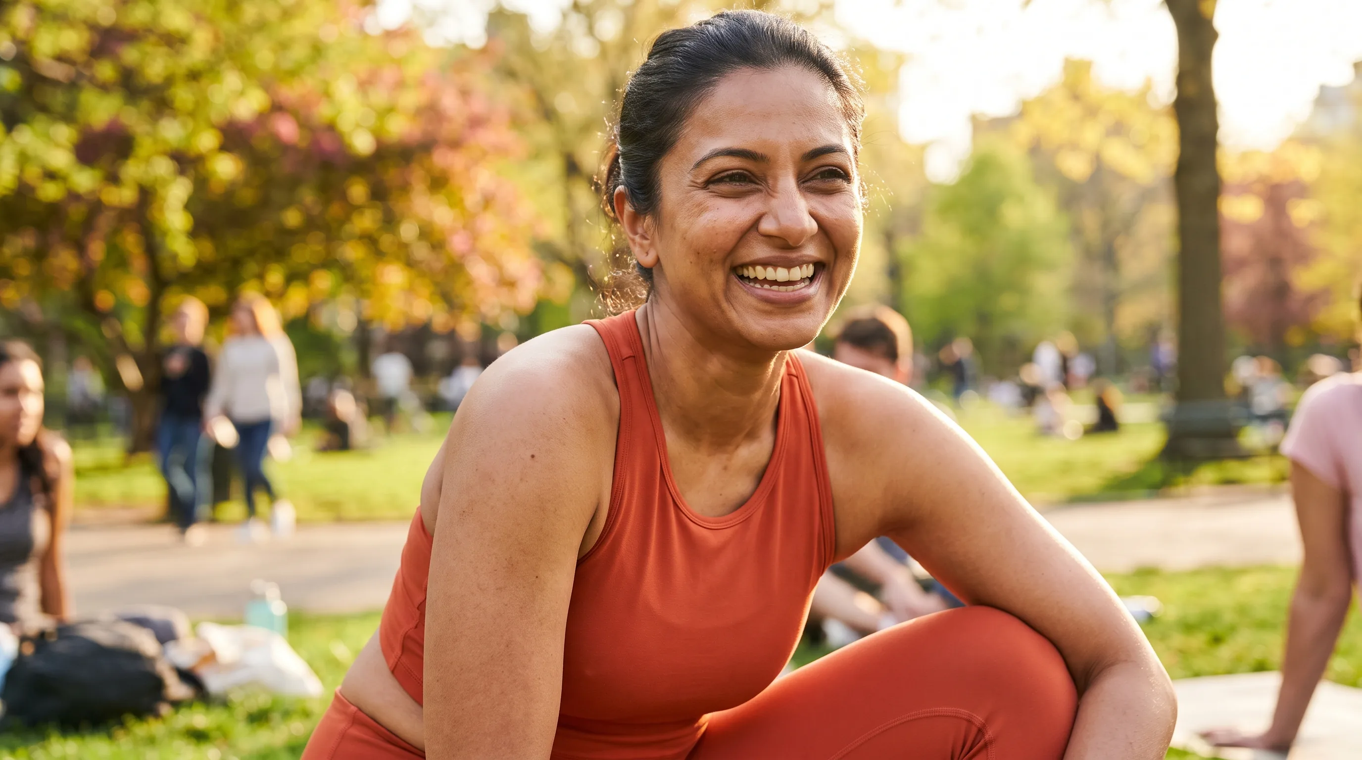 A cheerful, healthy woman in her thirties laughing in a sunlit park in bright colorful workout clothes, relaxed and energetic