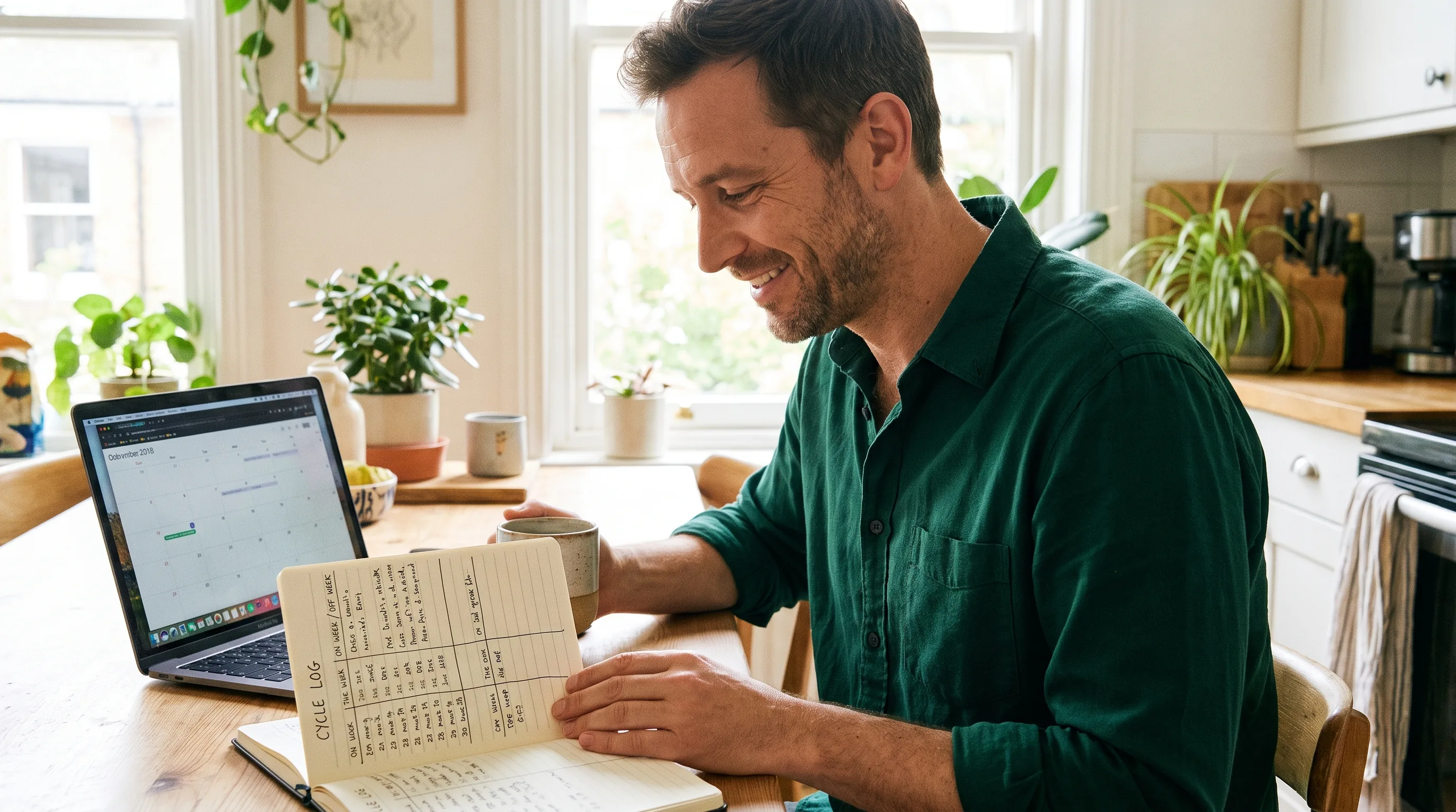 A calm man in his forties at a kitchen table reviews a simple cycle log in a notebook next to a laptop, planning his on and off weeks