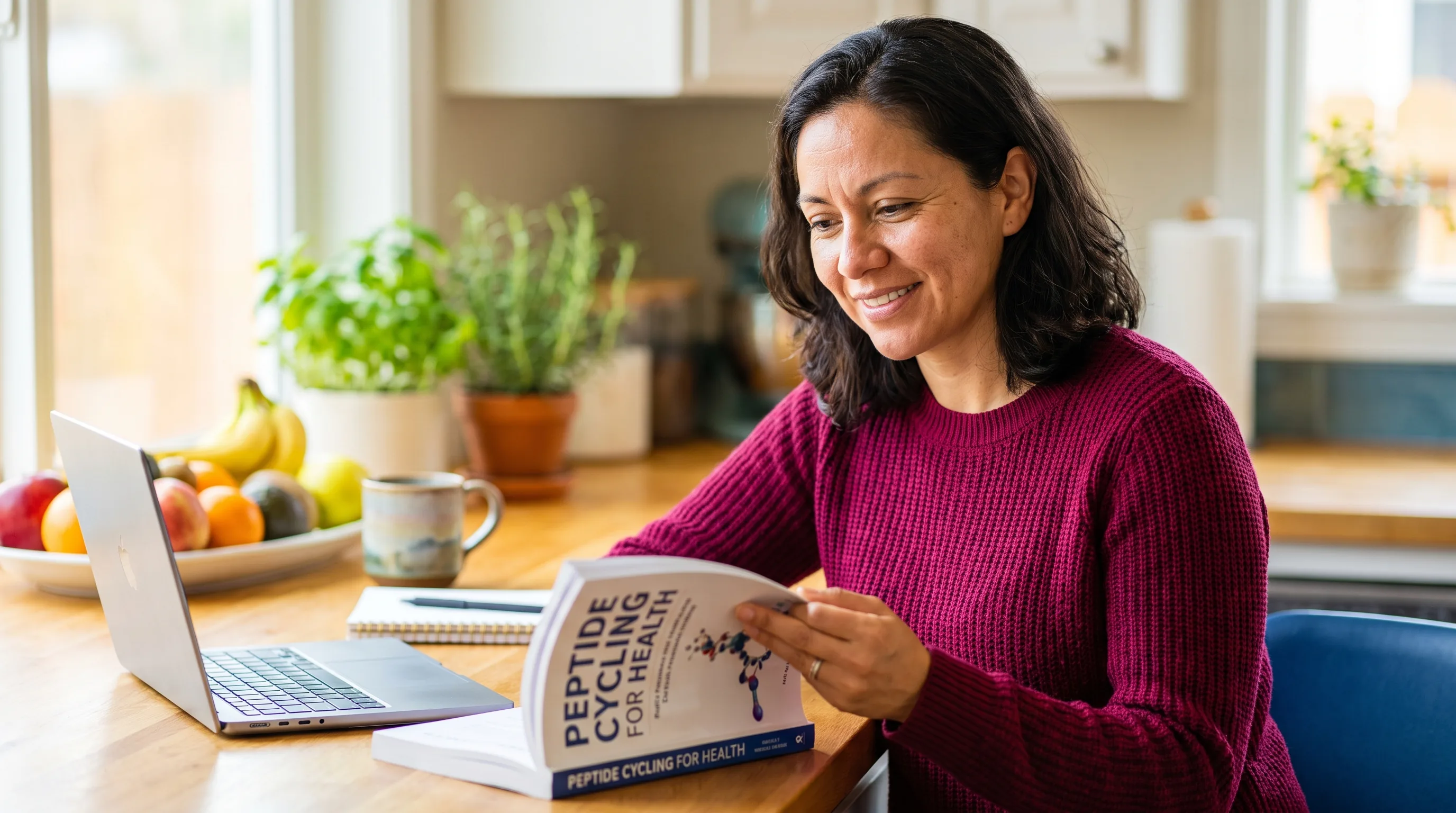 A thoughtful woman in her late thirties sits at a bright kitchen table with a laptop and a notebook, reading calmly about peptide cycling