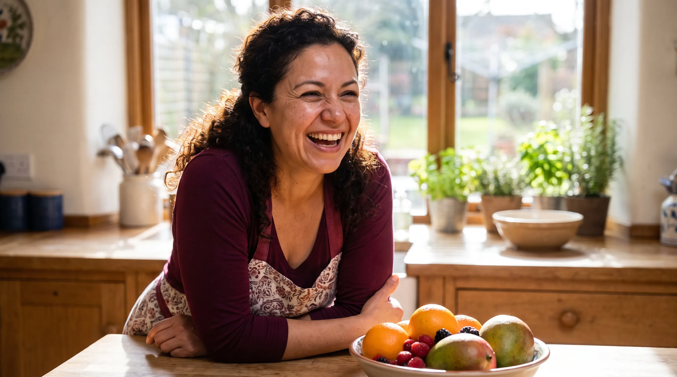 A cheerful woman in her early forties laughing in a bright, sunlit kitchen with fresh fruit on the counter, healthy and relaxed at home.