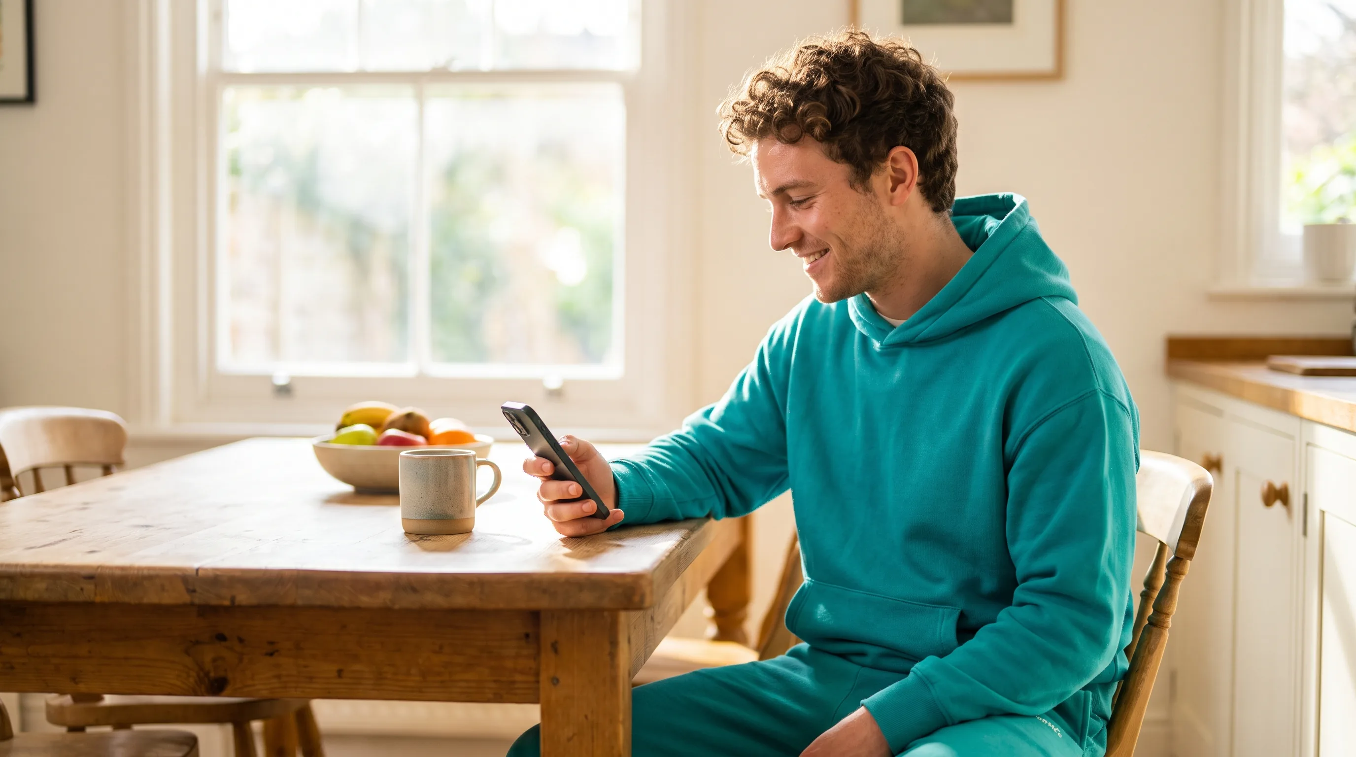 A happy young adult scrolling health information on a phone at a sunlit kitchen table, curious and relaxed