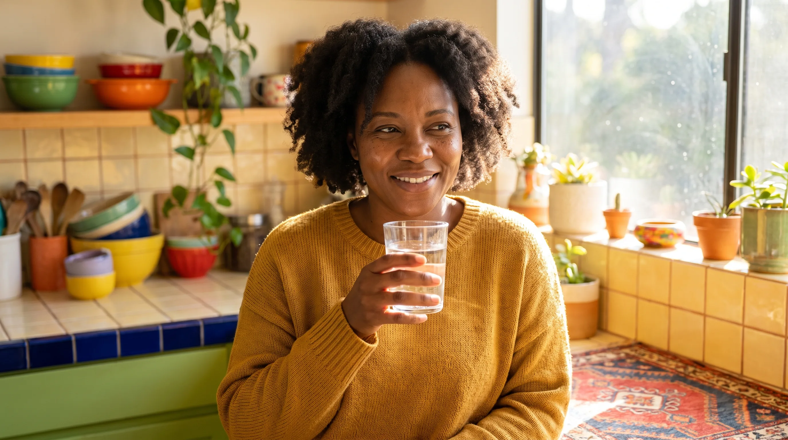 A cheerful, healthy woman in her early forties smiling in a bright, colorful kitchen, holding a glass of water in warm morning light.