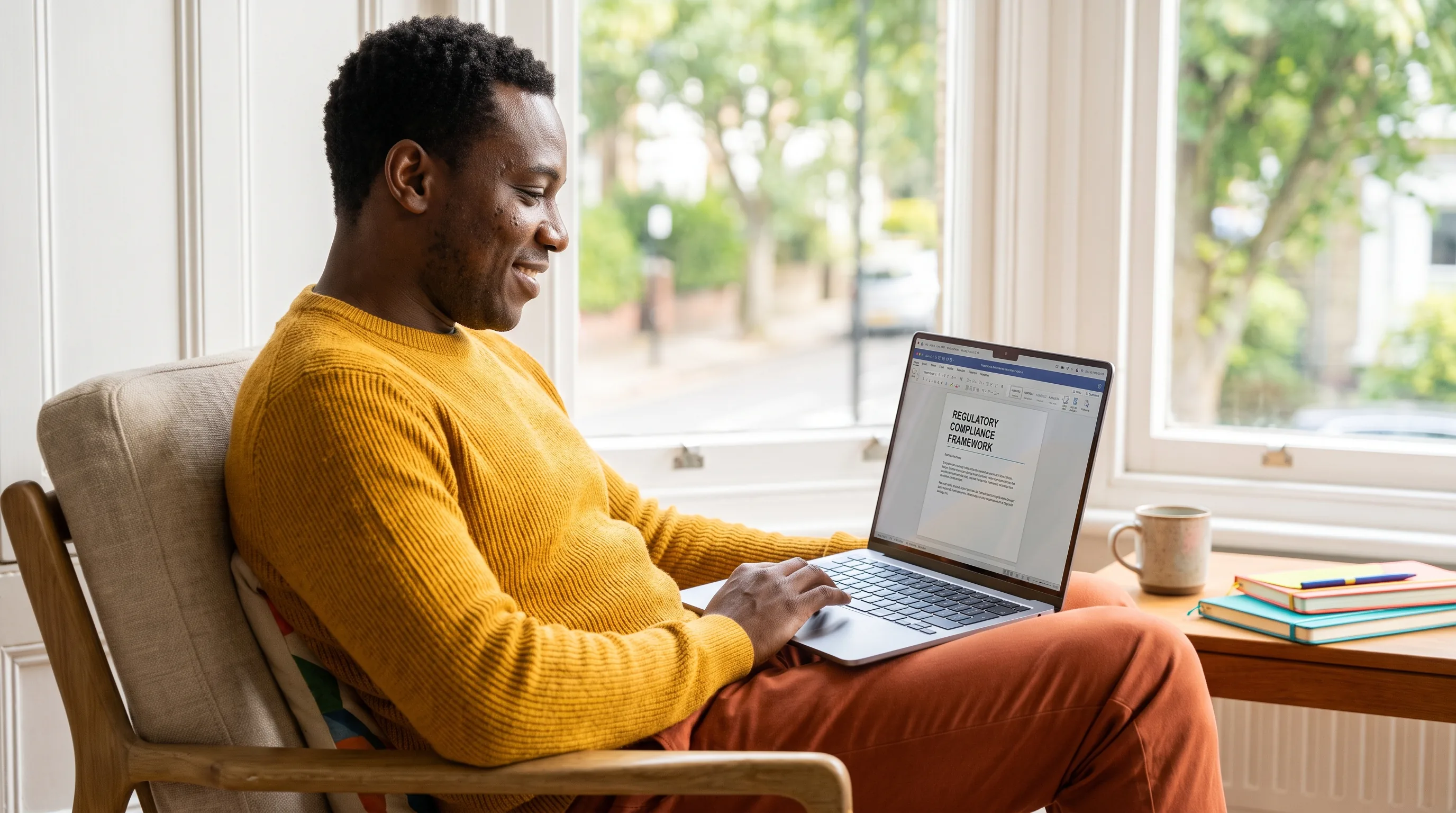 A calm young professional reading a regulatory document on a laptop by a bright window, focused and at ease