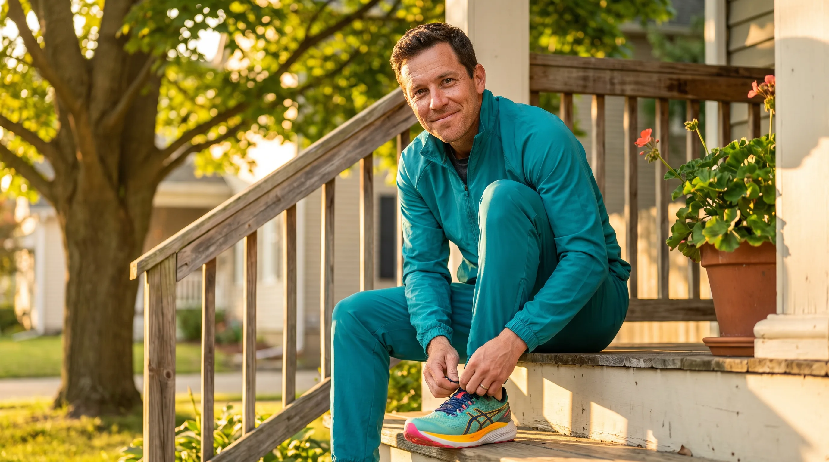 A determined adult lacing up running shoes on a sunlit front porch at dawn, deciding to keep going the right way after the supplier they relied on disappeared overnight