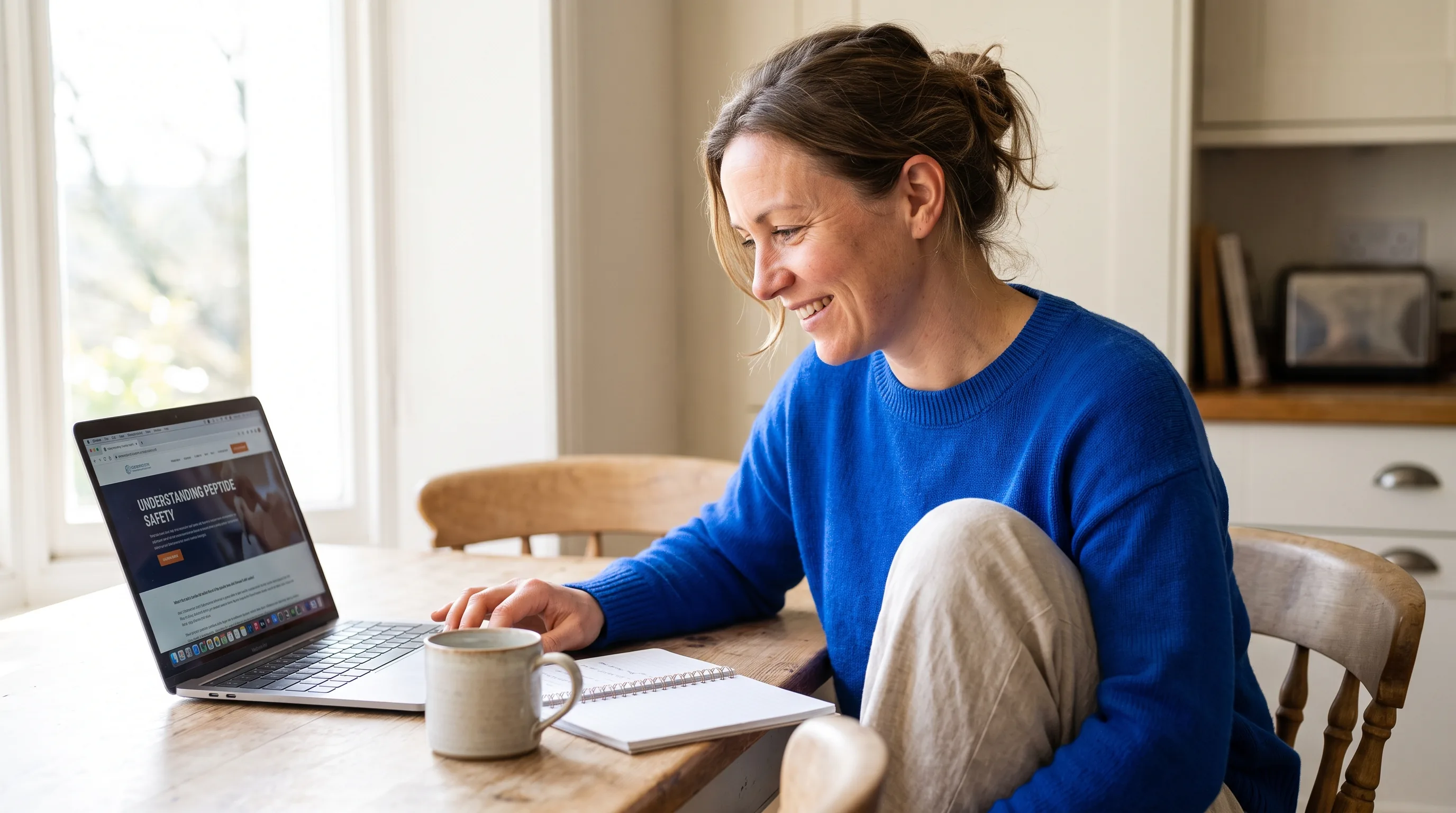 A thoughtful woman in her late thirties reading about peptide safety on a laptop at a sunlit kitchen table, a notebook and a mug beside her, calm and unhurried