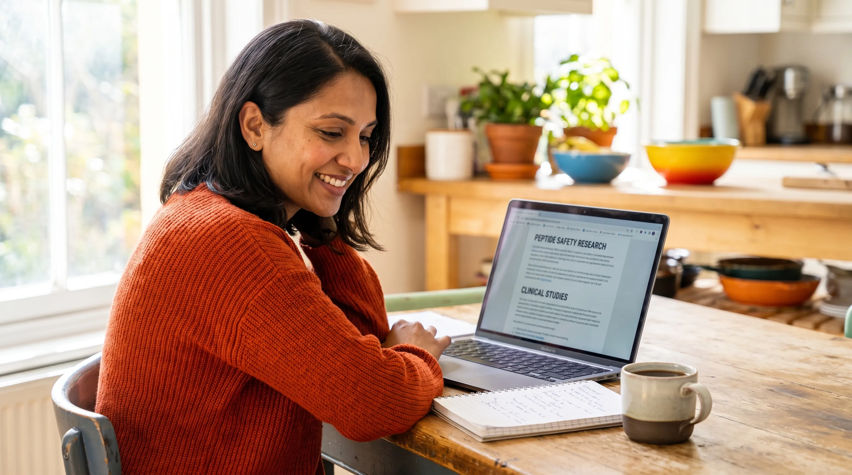 A thoughtful woman in her late thirties reading about peptide safety on a laptop at a sunlit kitchen table, a notebook and a mug beside her, calm and unhurried