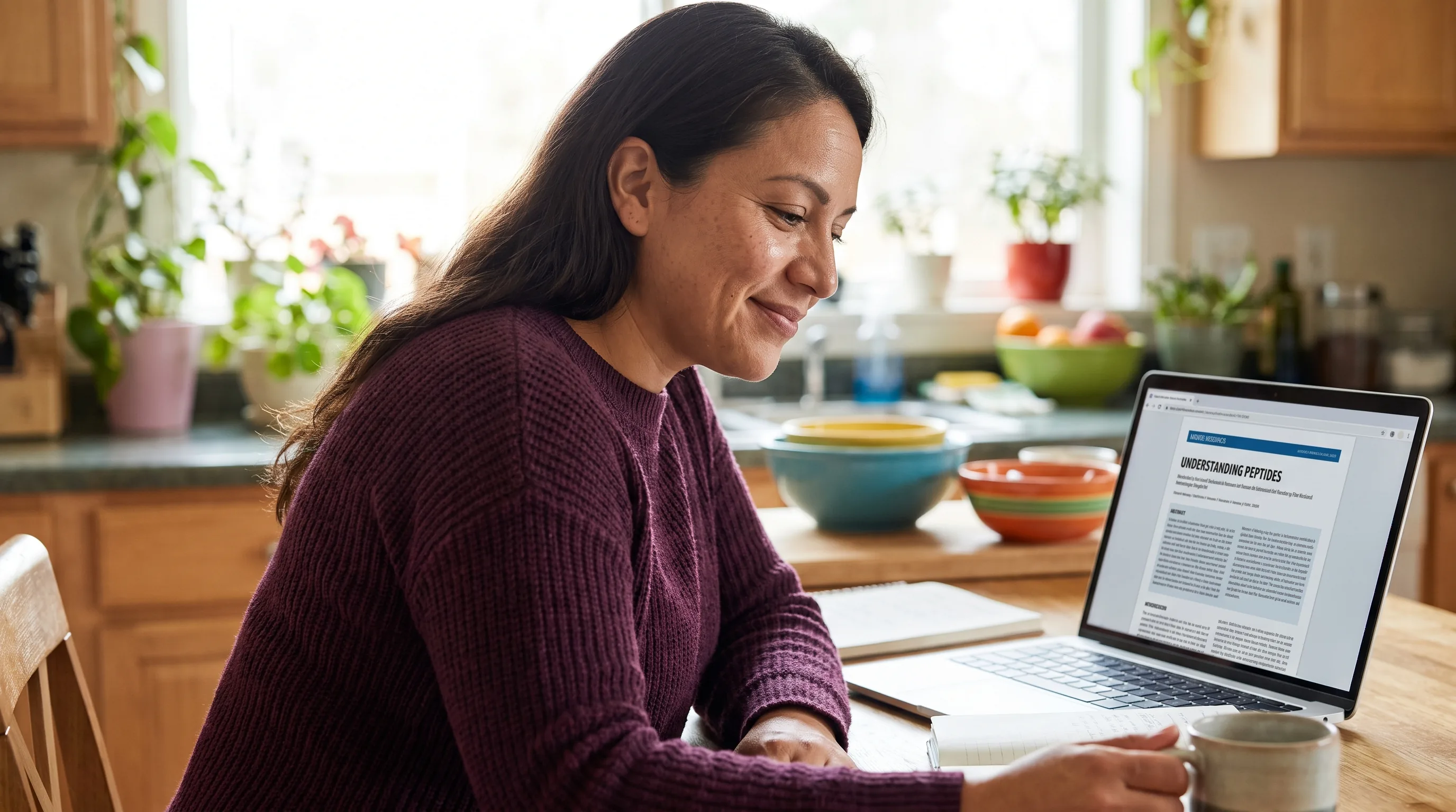A thoughtful woman in her late thirties sits at a sunlit kitchen table with a laptop and a notebook, reading about how peptides work before talking to a physician