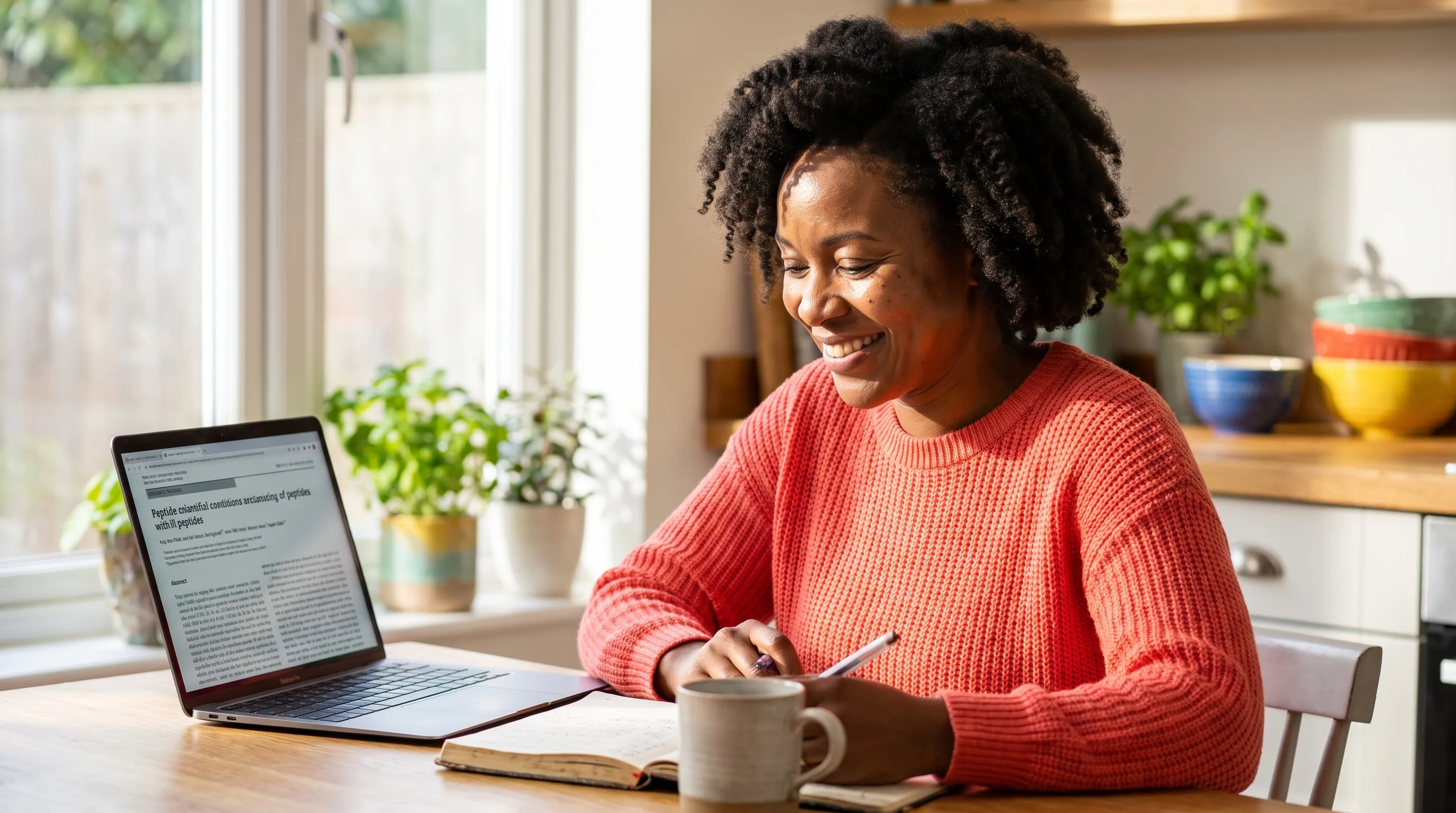 A thoughtful woman in her late thirties sits at a sunlit kitchen table with a laptop and a notebook, reading about how peptides work before talking to a physician