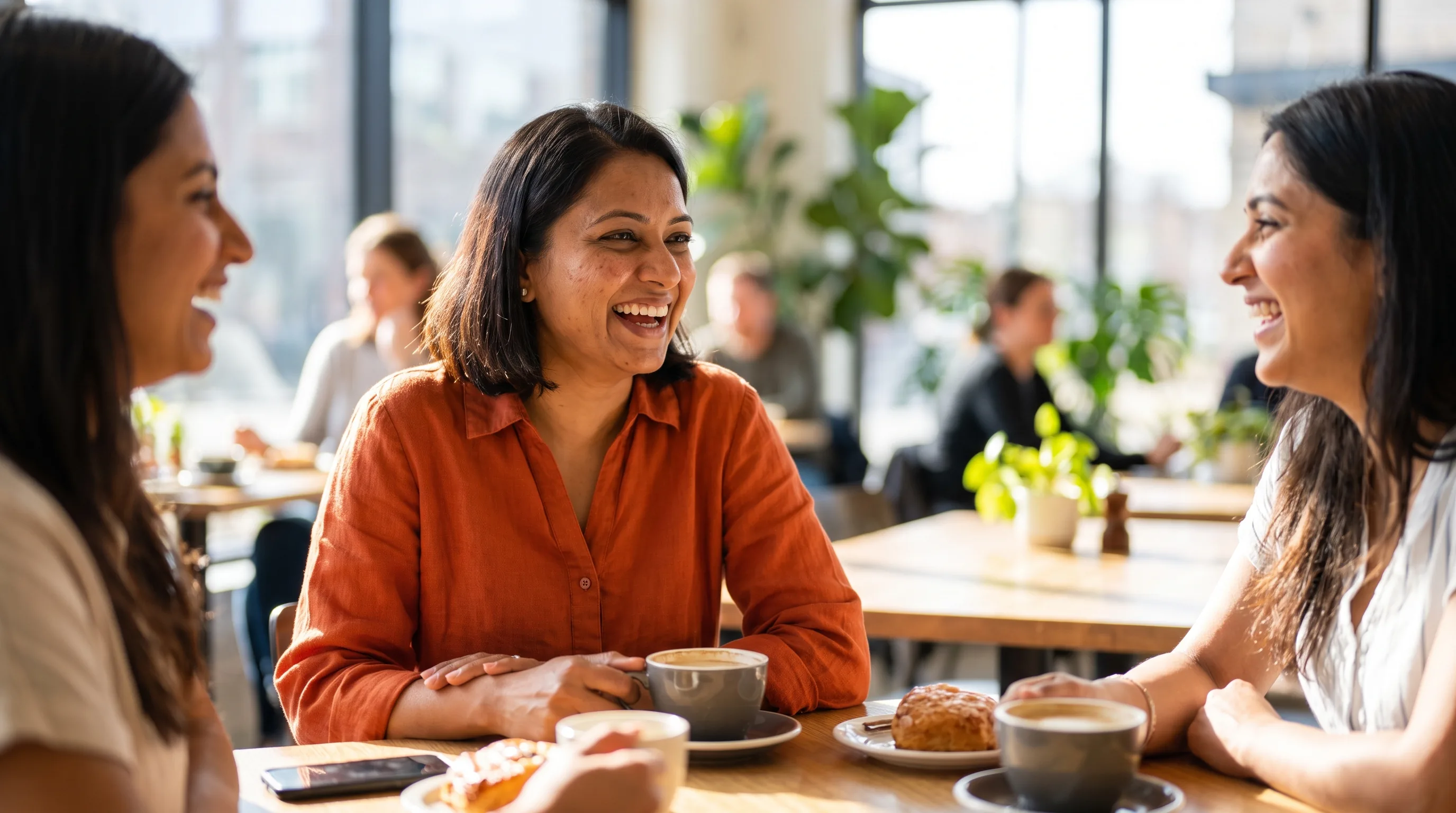 A cheerful woman in her late thirties laughing with friends over coffee in a sunlit cafe, relaxed and healthy in bright natural light