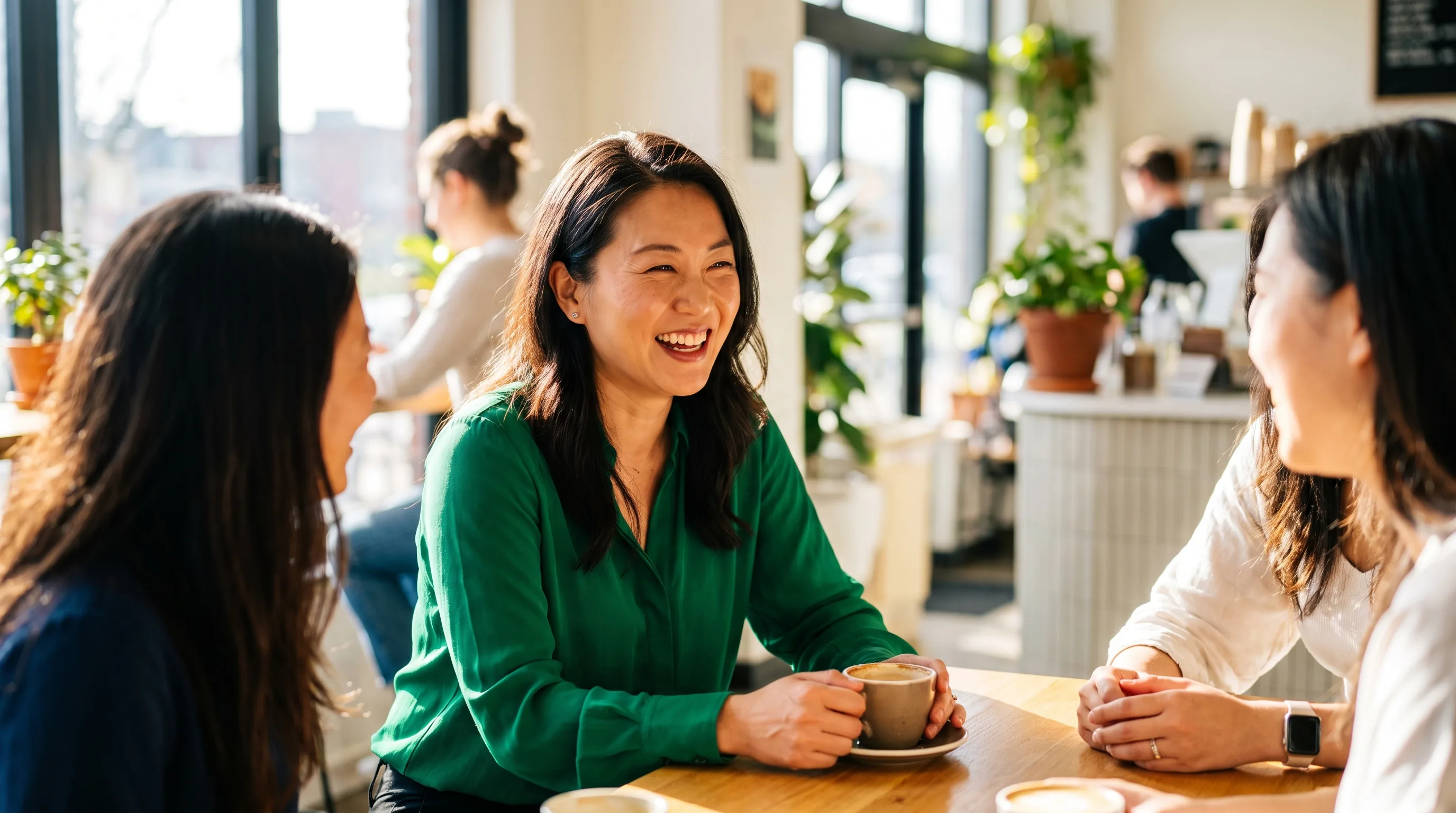 A cheerful woman in her late thirties laughing with friends over coffee in a sunlit cafe, relaxed and healthy in bright natural light