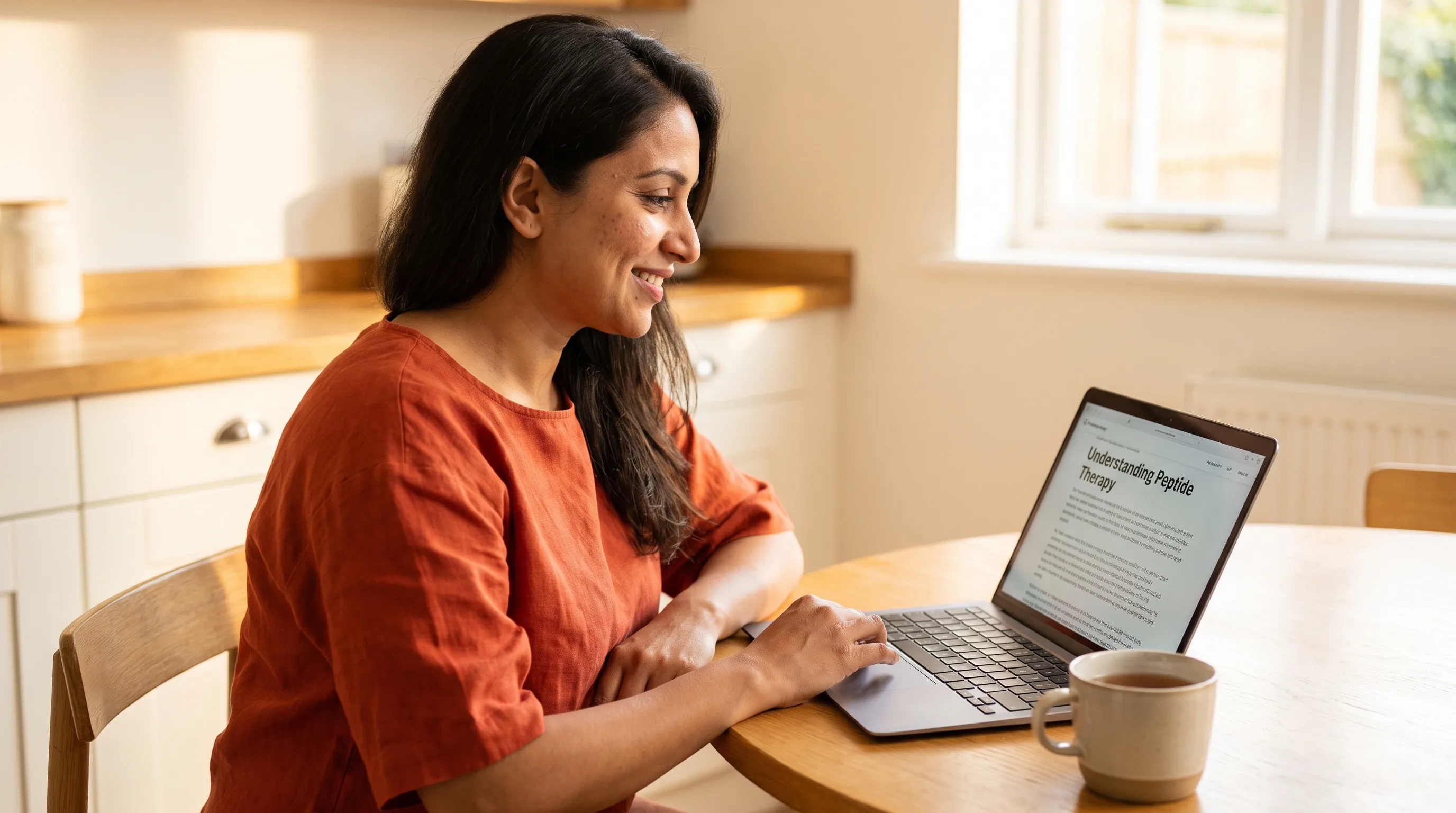 A thoughtful woman in her thirties sits at a sunlit kitchen table reading about peptide therapy on her laptop, a mug beside her, calm and unhurried