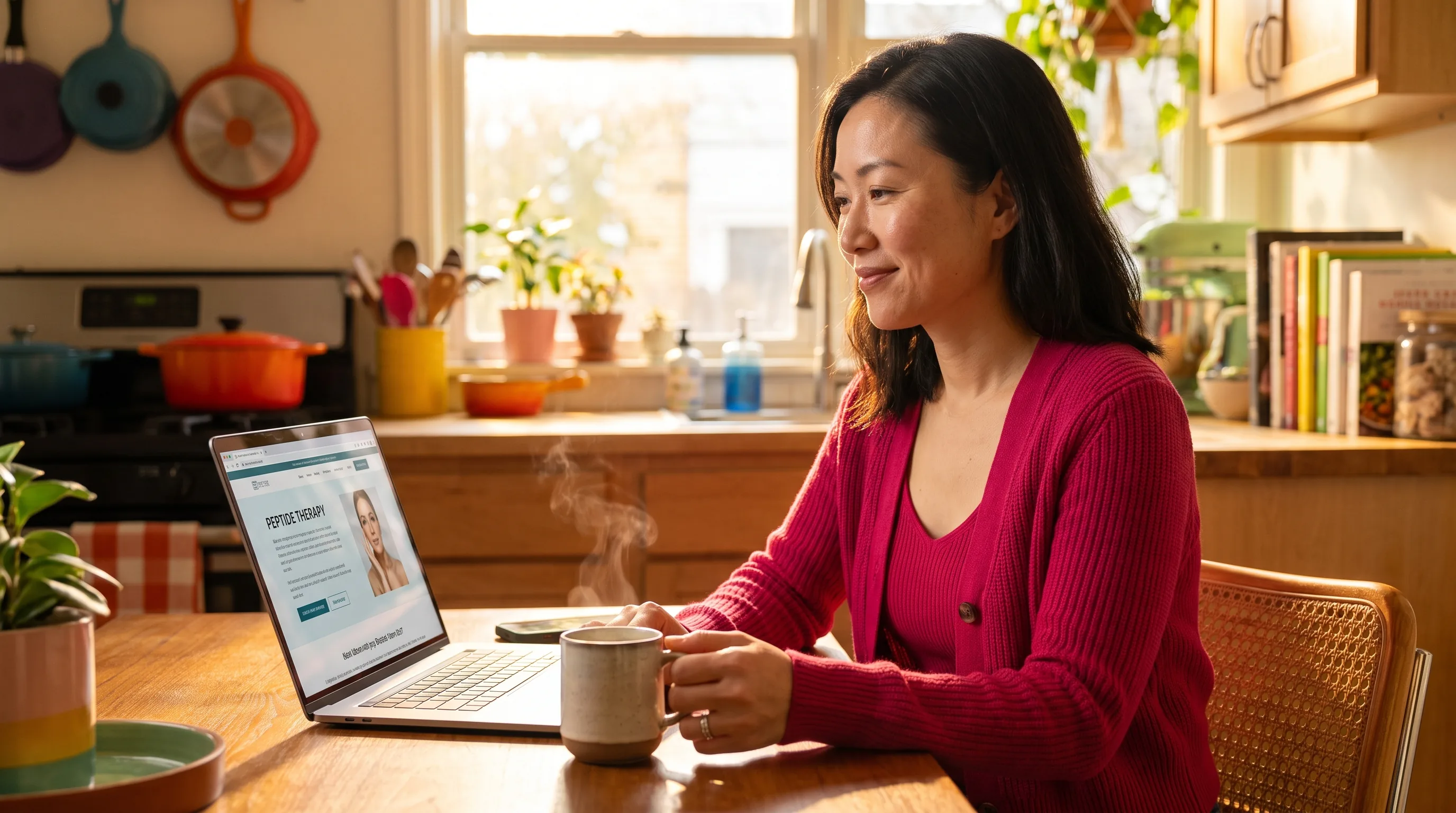 A thoughtful woman in her thirties sits at a sunlit kitchen table reading about peptide therapy on her laptop, a mug beside her, calm and unhurried